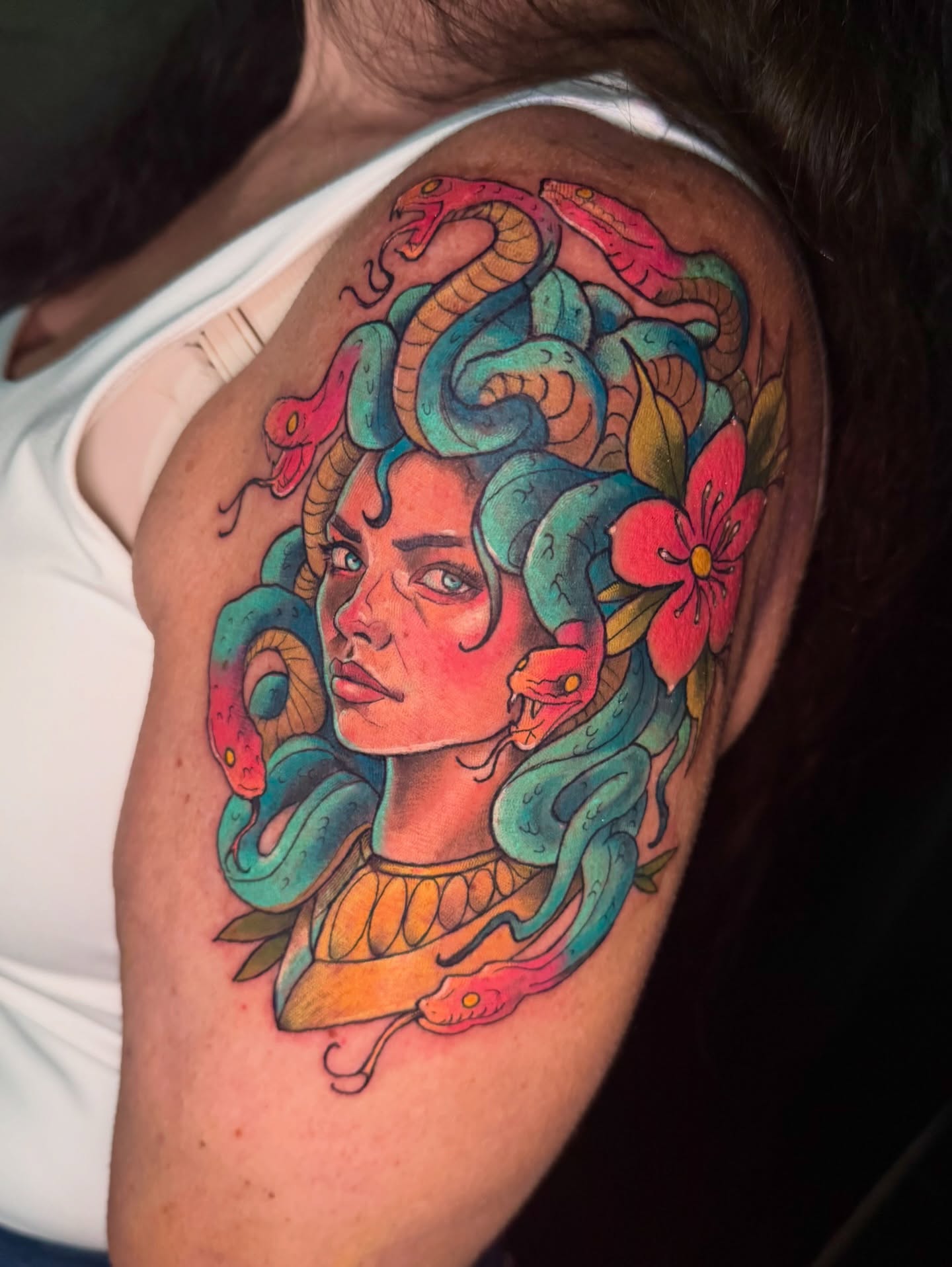 Medusa neo-traditional tattoo on the shoulder by Paul Endres Jr