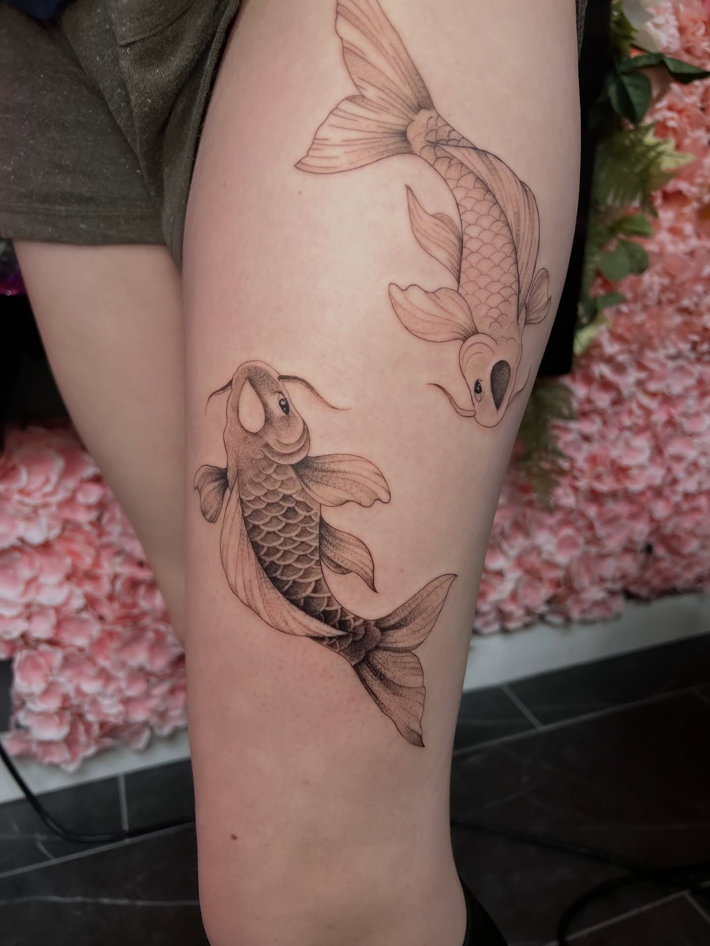 Koi fish black and grey tattoo on the thigh by π±π½πππΎπ