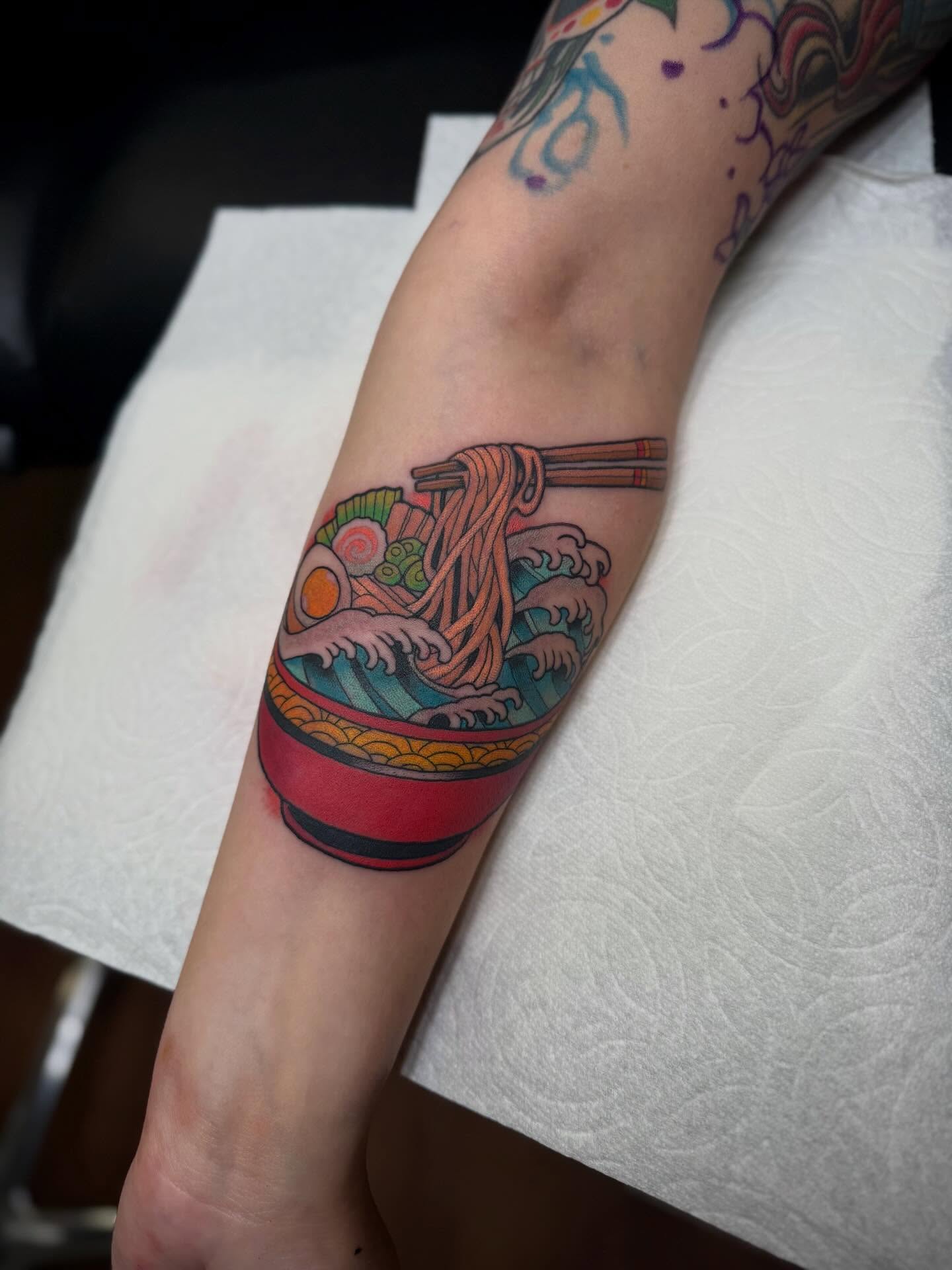 Ramen bowl new school tattoo on the forearm by Tyler Harrington