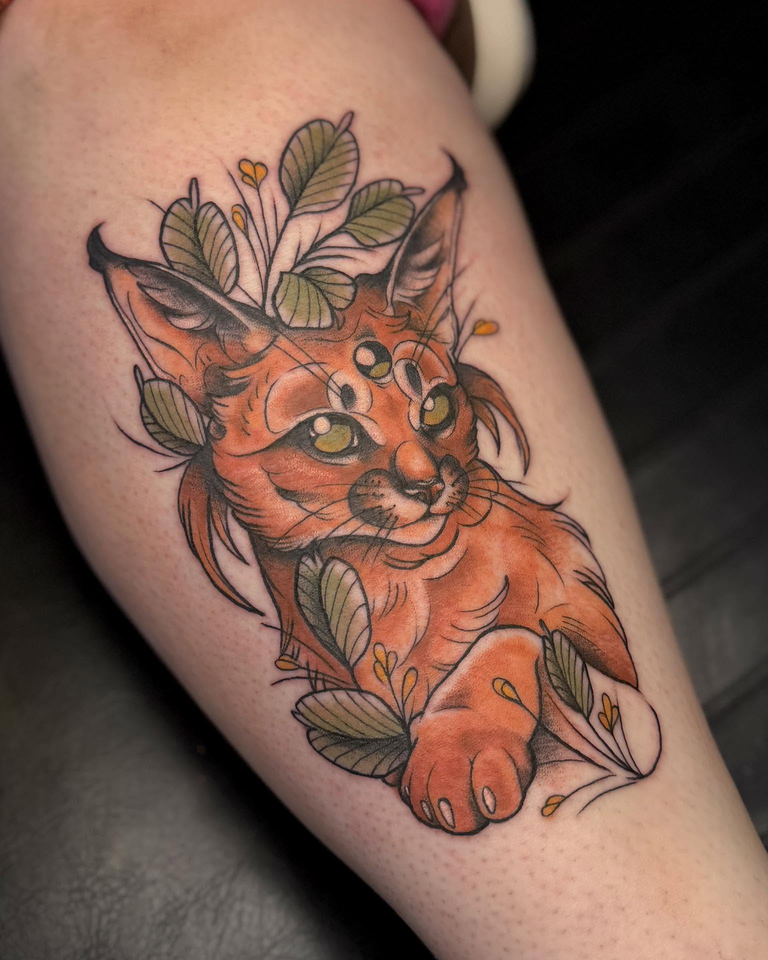 Cat realism tattoo on the thigh by Eden Rose, Kalama, Washington