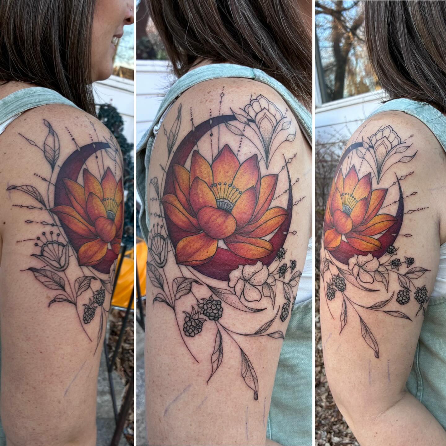 Lotus flower new school tattoo on the shoulder by Linzi Hungerford, Bozeman, Montana