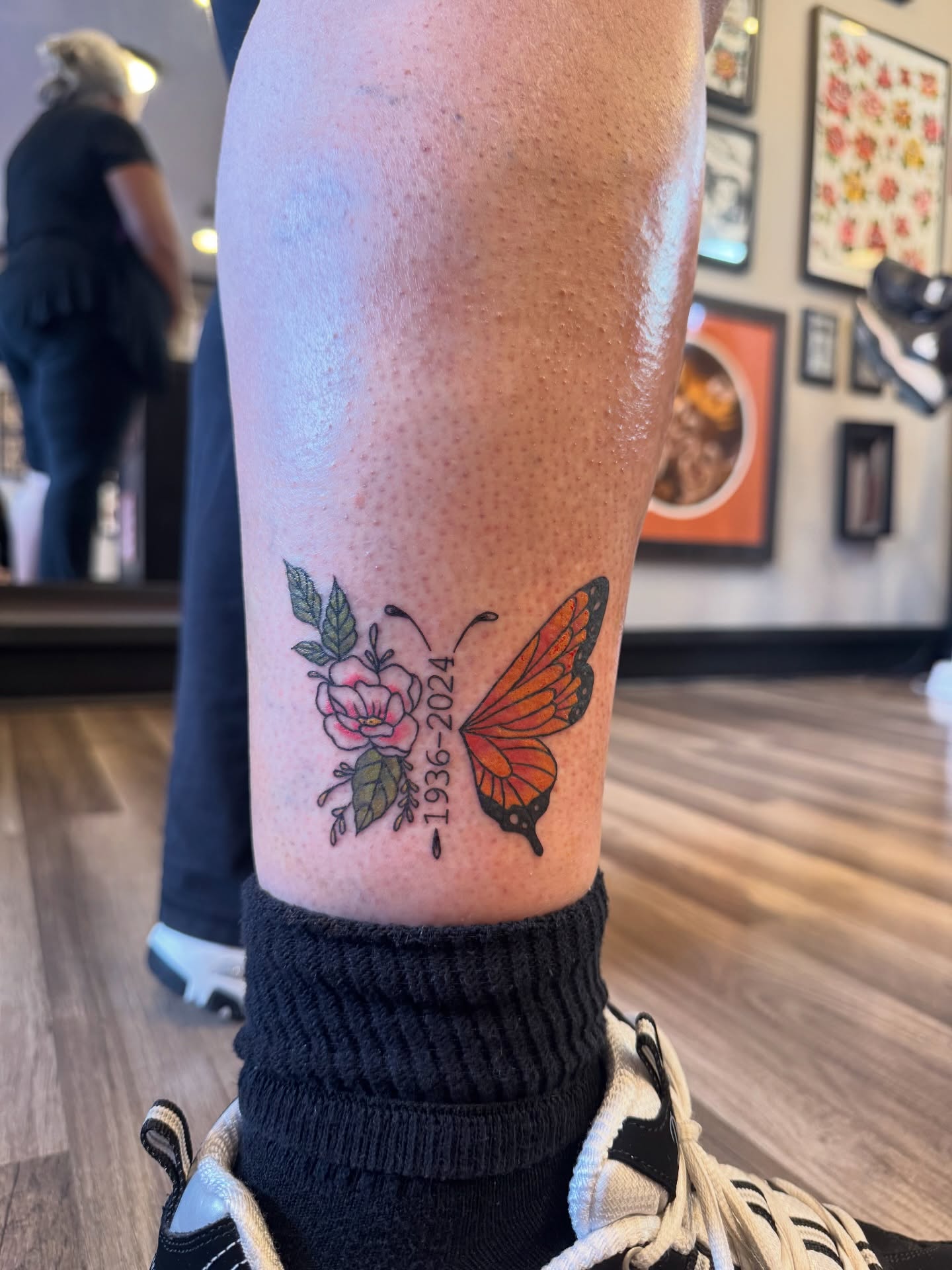 Butterfly and flowers new school tattoo on the calf by juice🕷tattoo artist
