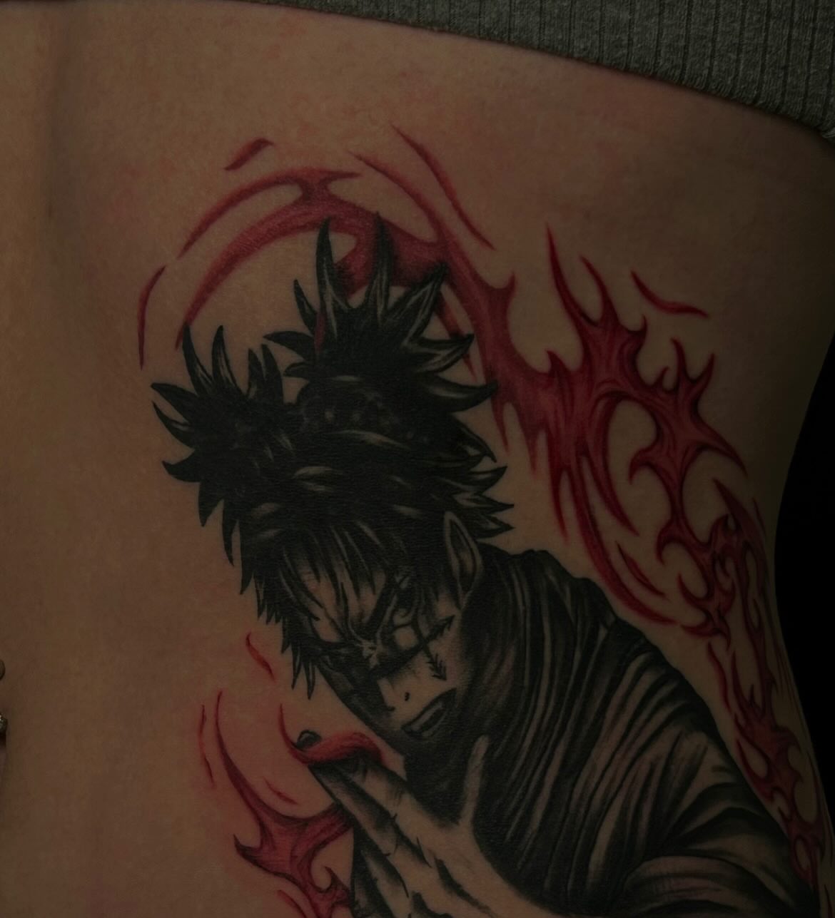 Japanese anime character anime tattoo on the thigh by Kenadee