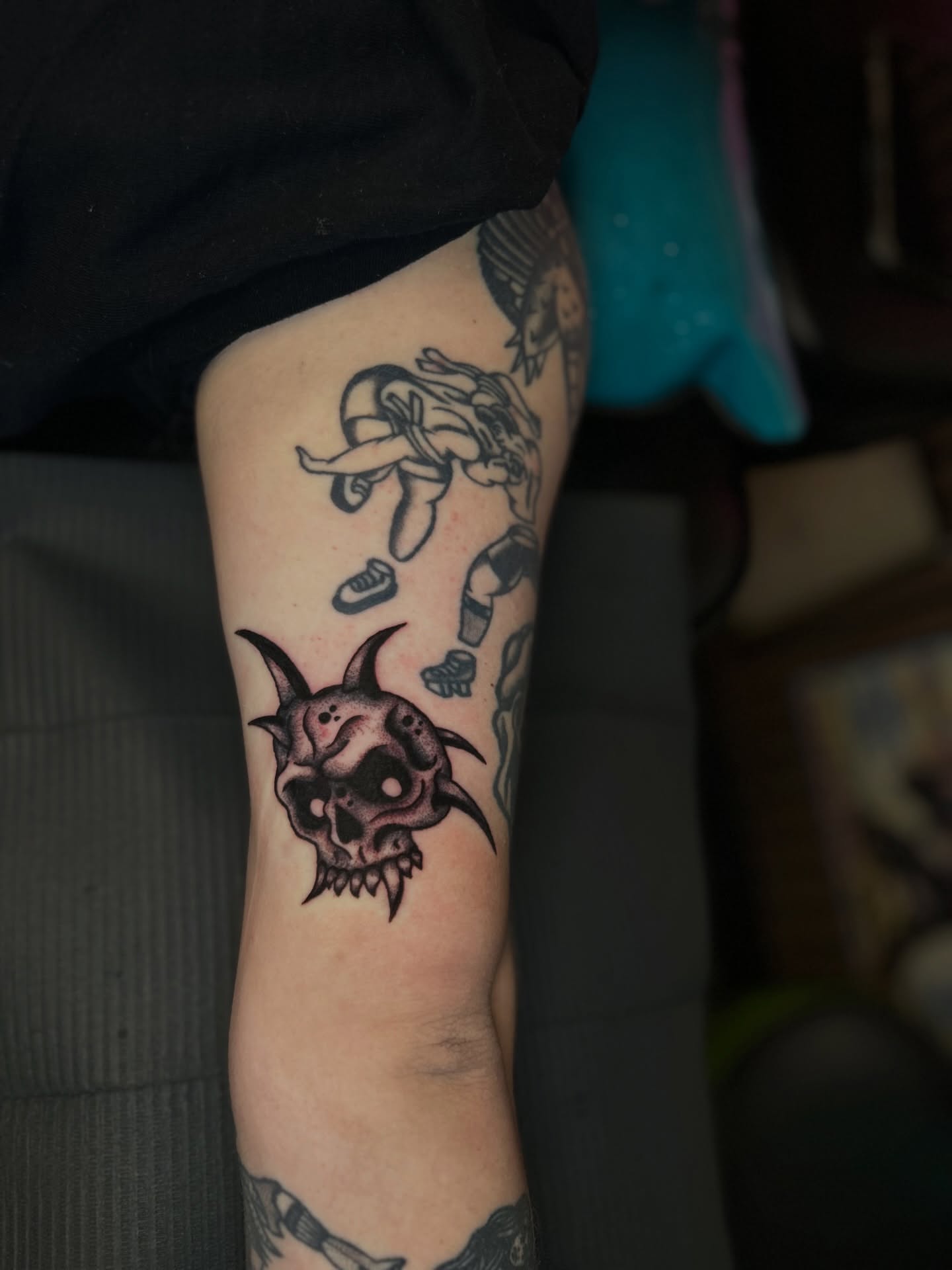 Bull skull American traditional tattoo on the forearm by Torrey, Austin, Texas