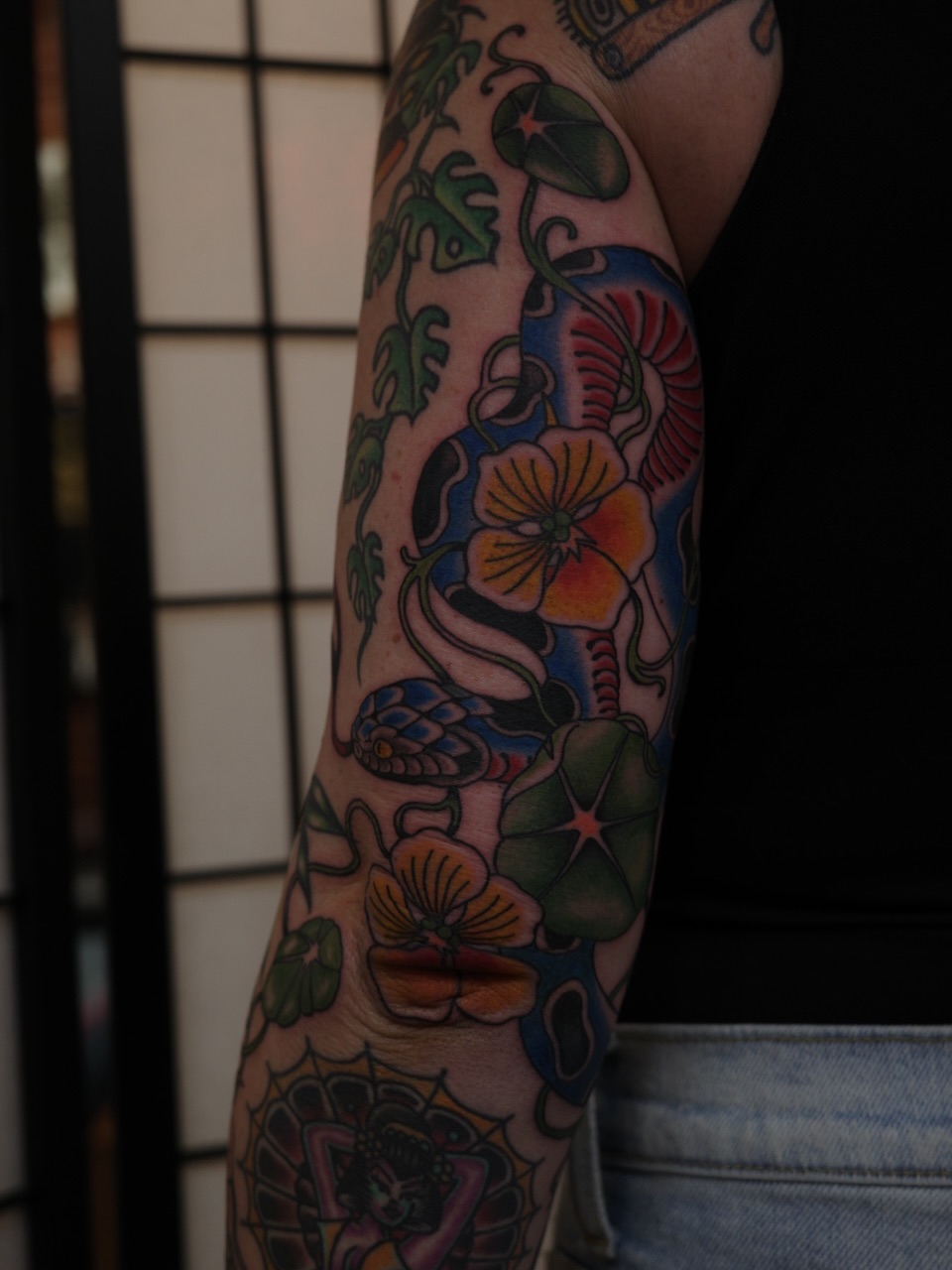 Floral vine American traditional tattoo on the forearm by Sequoia Rose, Portland, Oregon