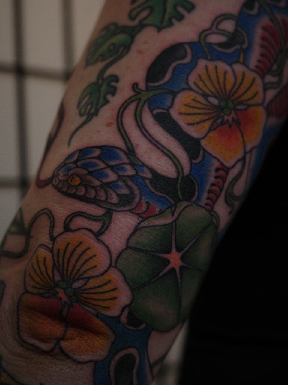 Snake and flowers American traditional tattoo on the forearm by Sequoia Rose, Portland, Oregon