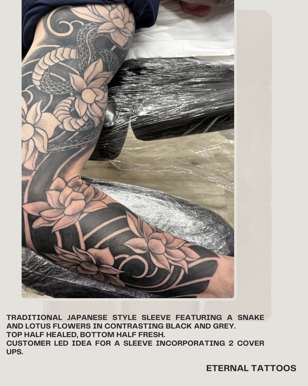 Snake and lotus flowers tattoo on the forearm by Ruth Ormsby-Ashworth