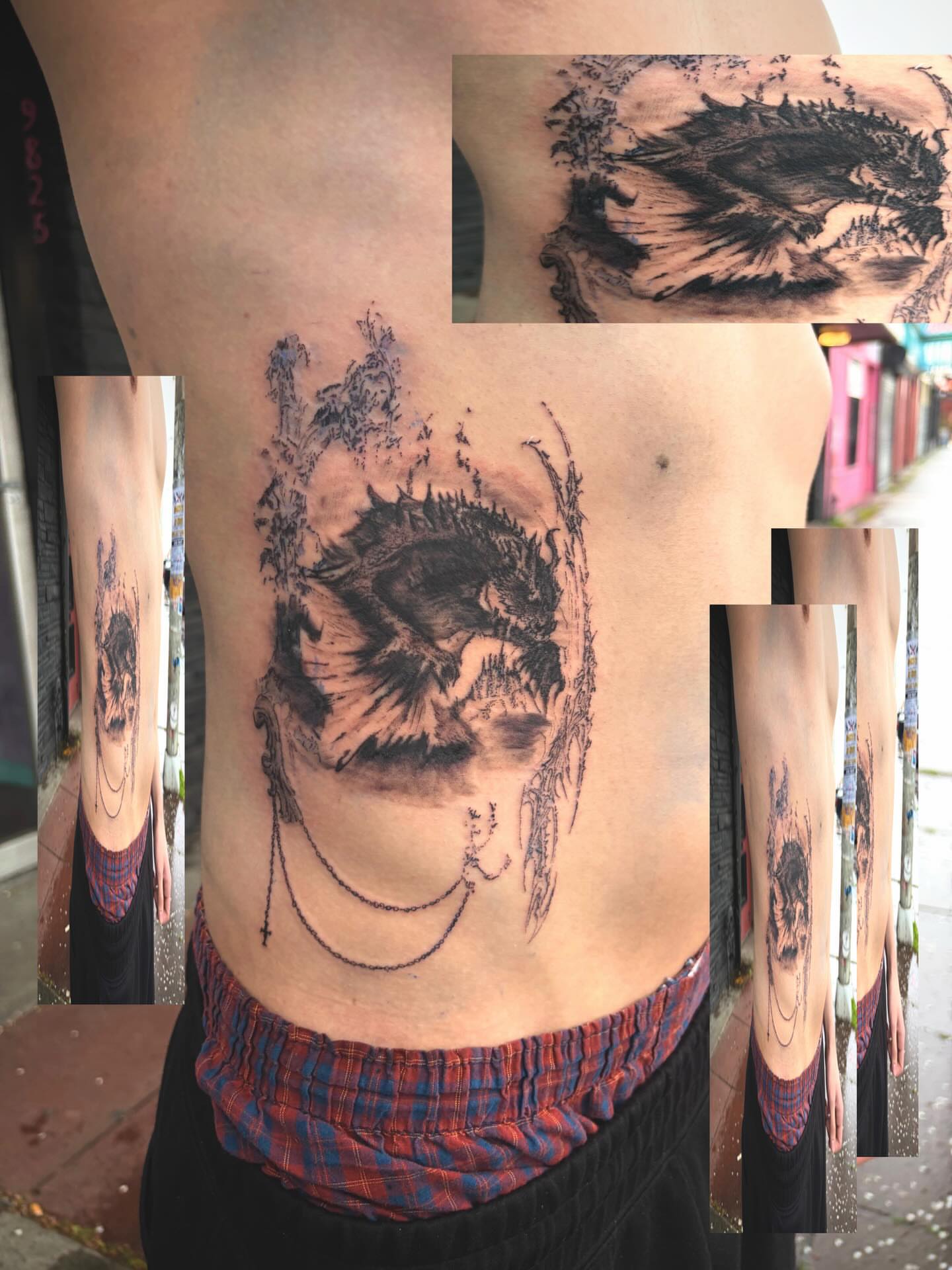 Skull black and grey tattoo on the ribs by Dev
