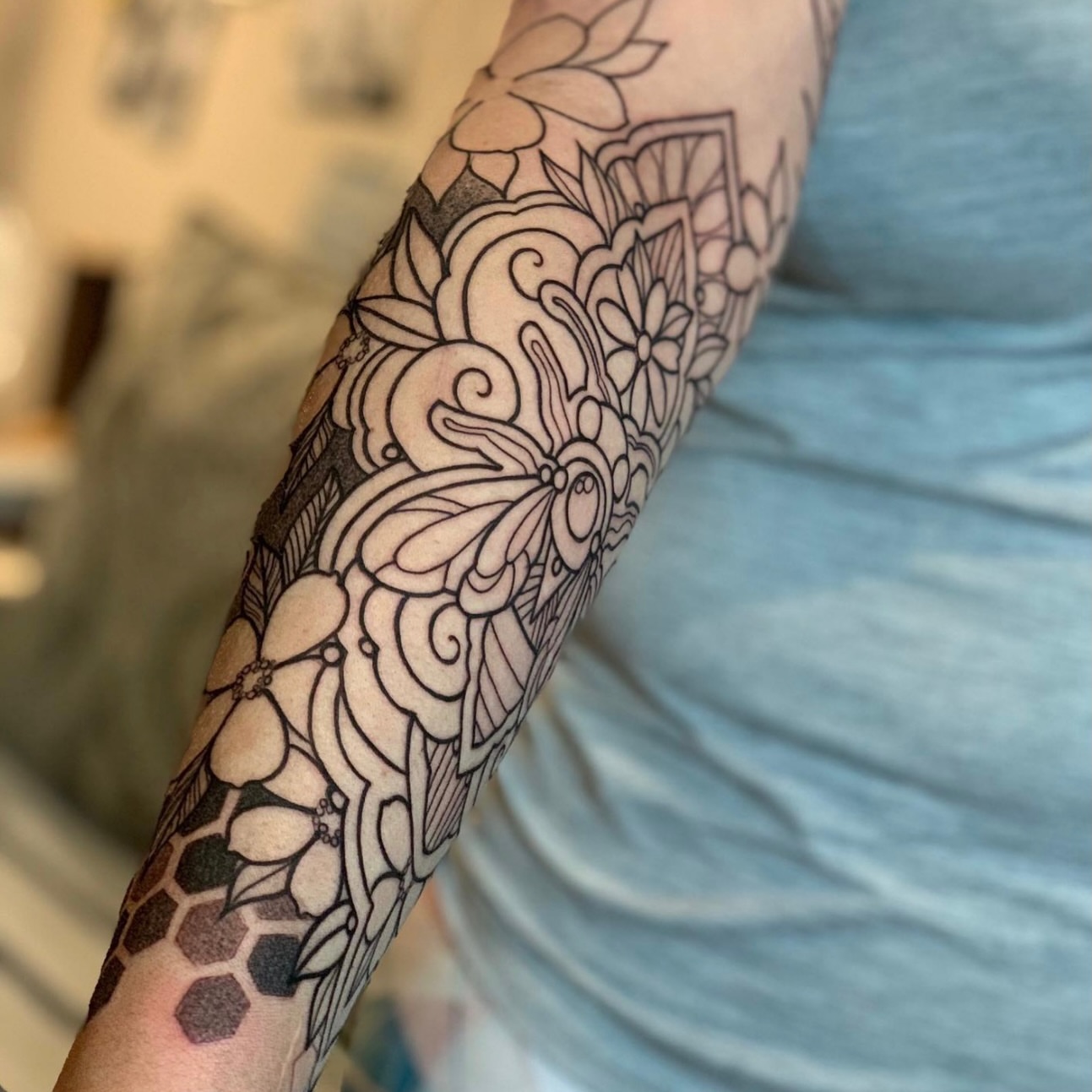 Floral pattern black and grey tattoo on the forearm by M A R I B e T H▪️k L A A R