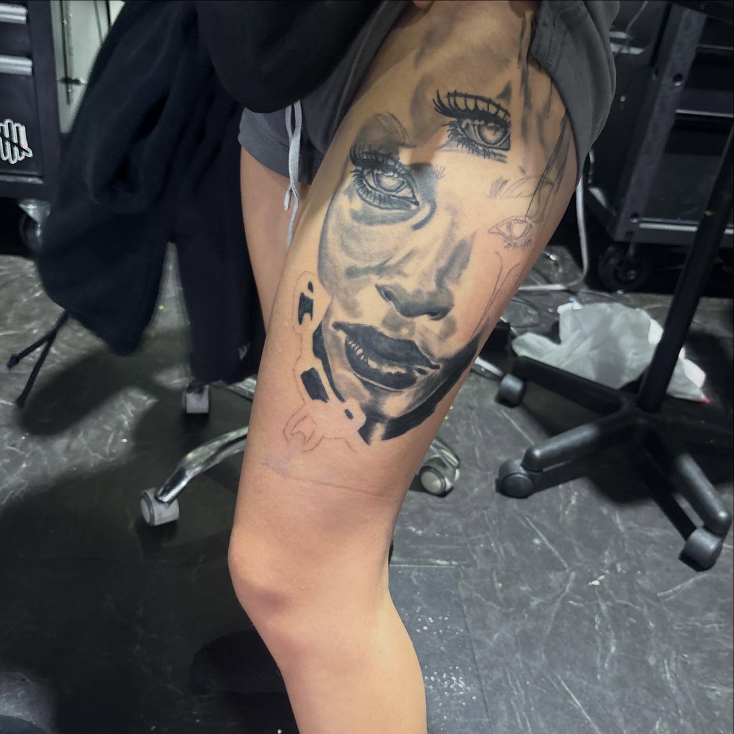 Portrait realism tattoo on the forearm by D. Davis