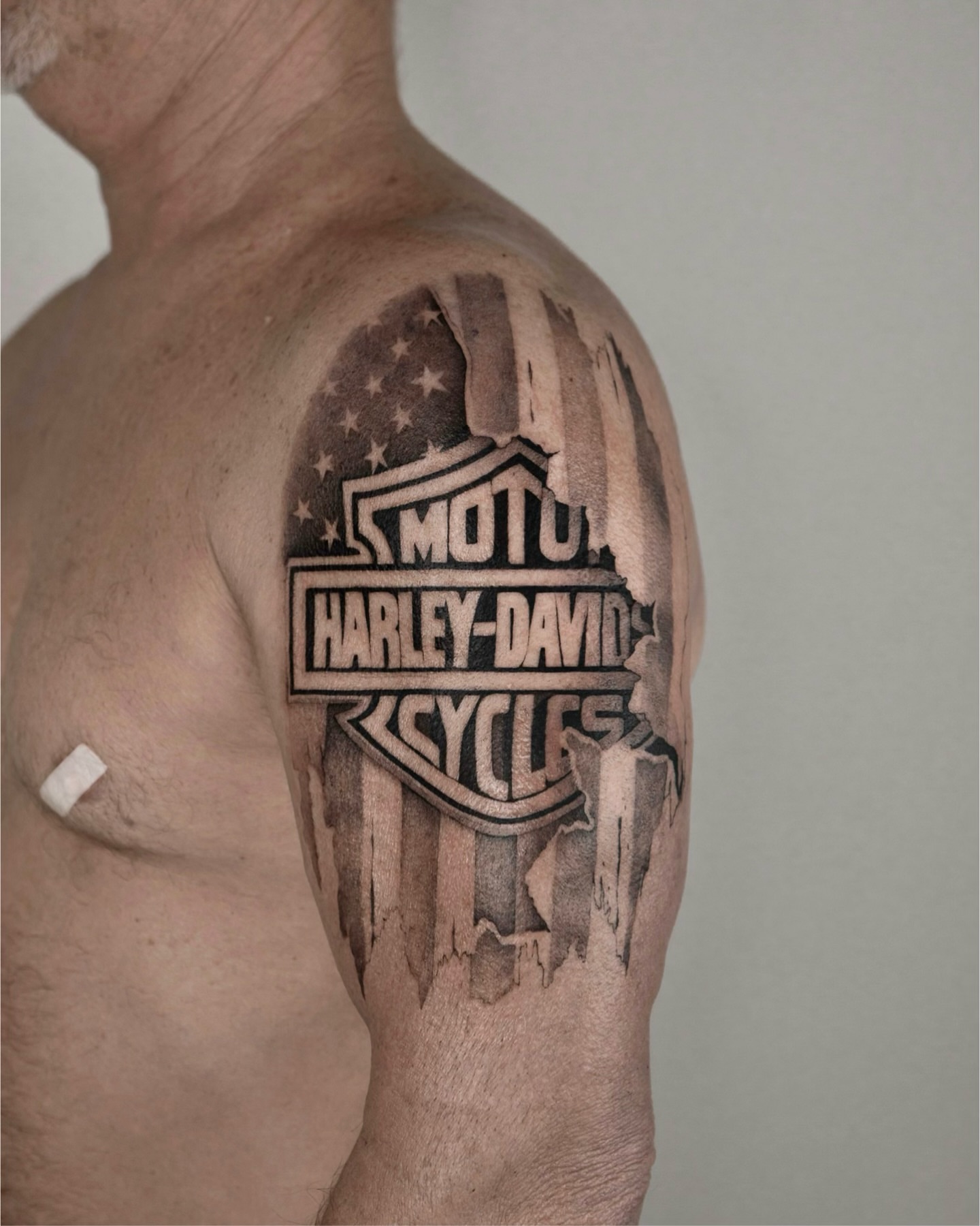 Harley-Davidson logo black and grey tattoo on the shoulder by t y, t a t t o o a r t i s t