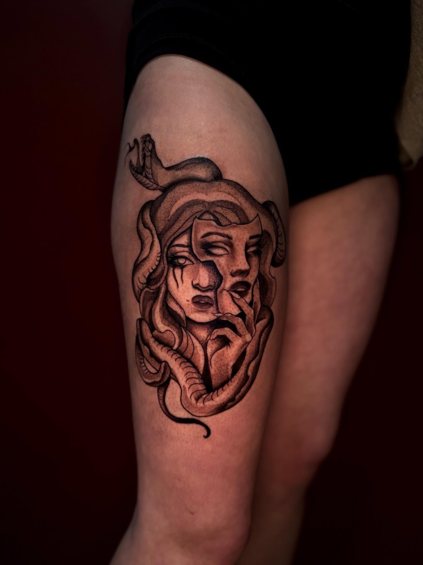 Medusa black and grey tattoo on the forearm by Penny - Tattooer