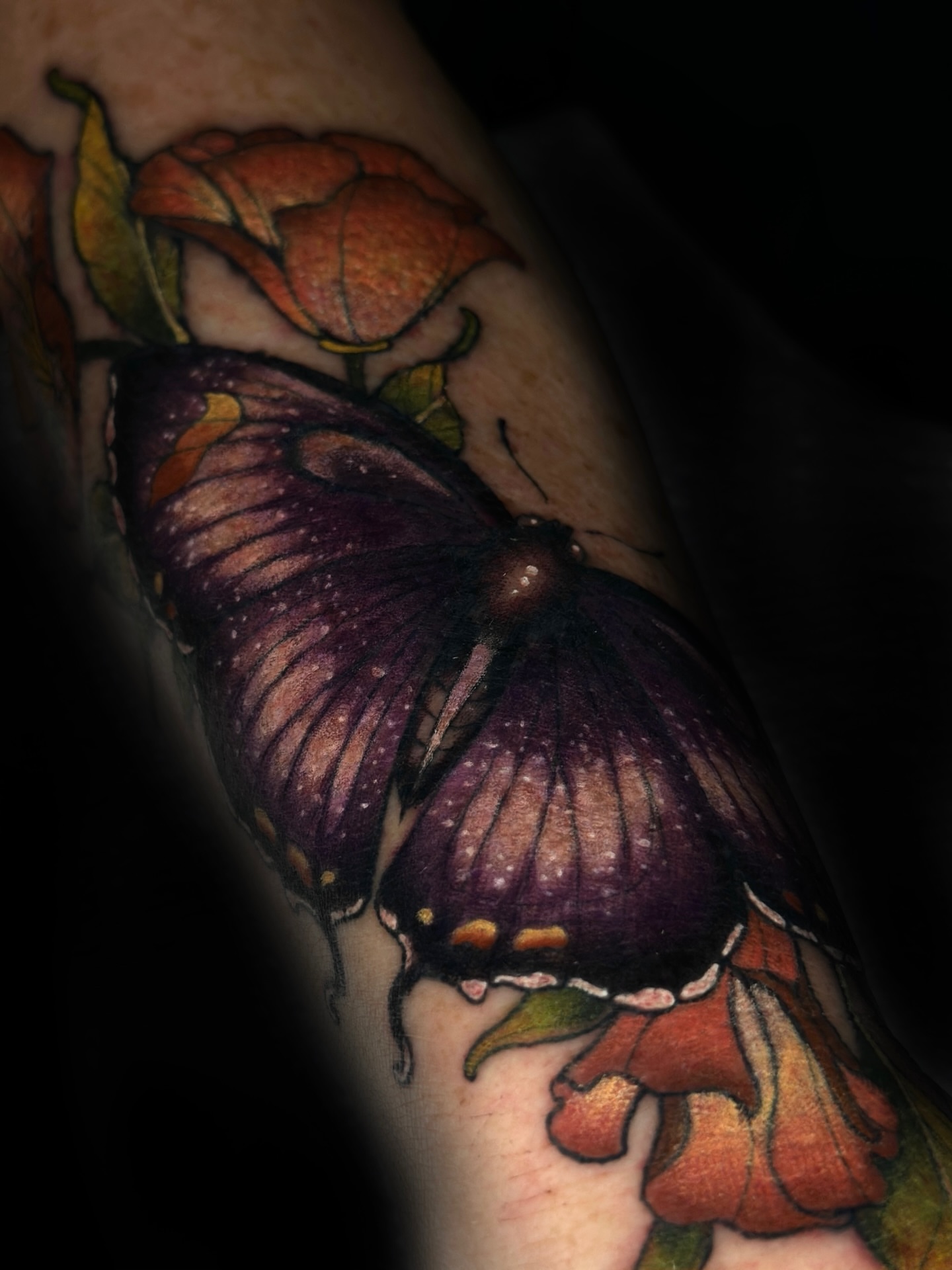Butterfly and flower realism tattoo on the forearm by Rebecca Joy ❋ Tattoo Artist