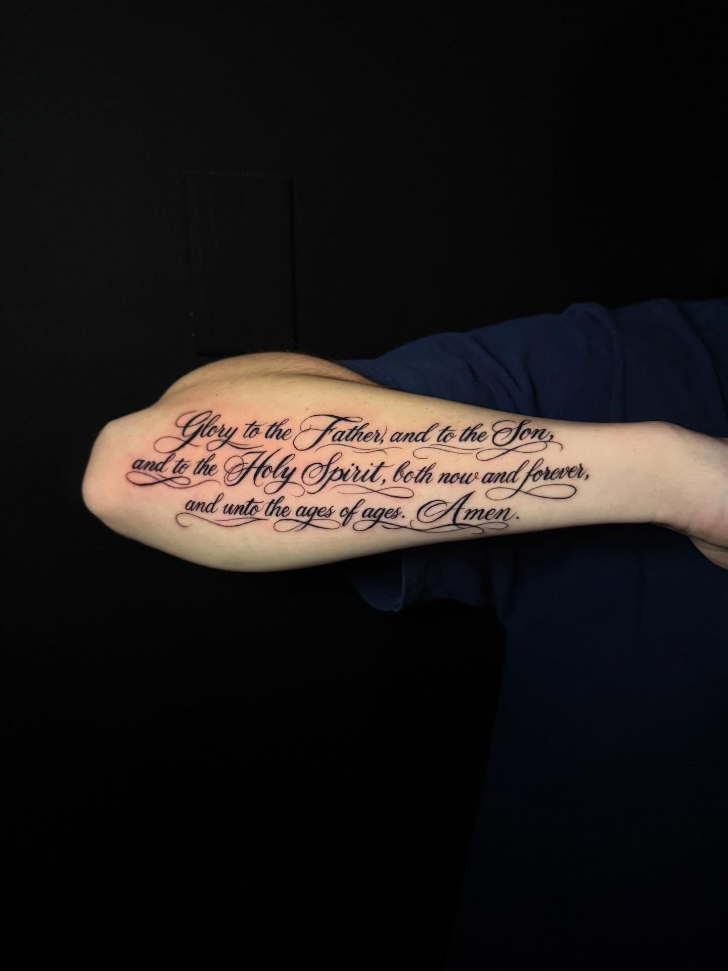 Script lettering lettering script tattoo on the forearm by George Maldonado Austin, Austin, Texas