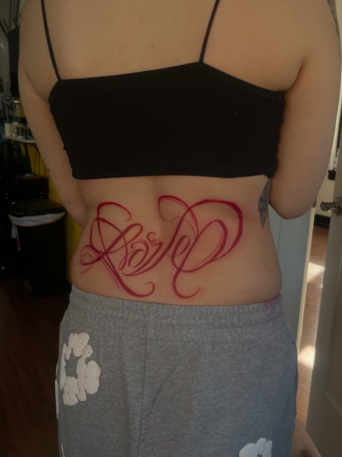 Script lettering lettering script tattoo on the torso by Unknwn Ink ⭐️