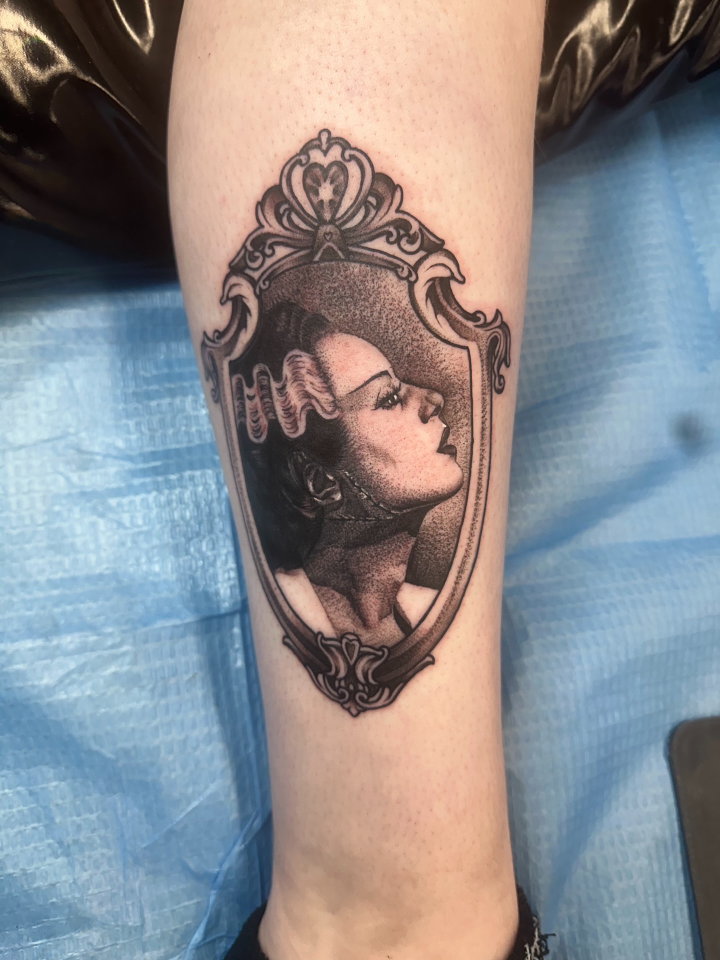 Portrait dotwork tattoo on the forearm by Carly🪲 greensboro tattoo artist, Greensboro, North Carolina