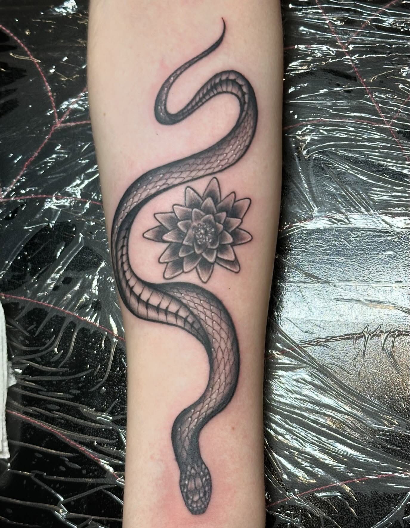 Snake and lotus realism tattoo on the forearm by Kerri Colello Sittenauer