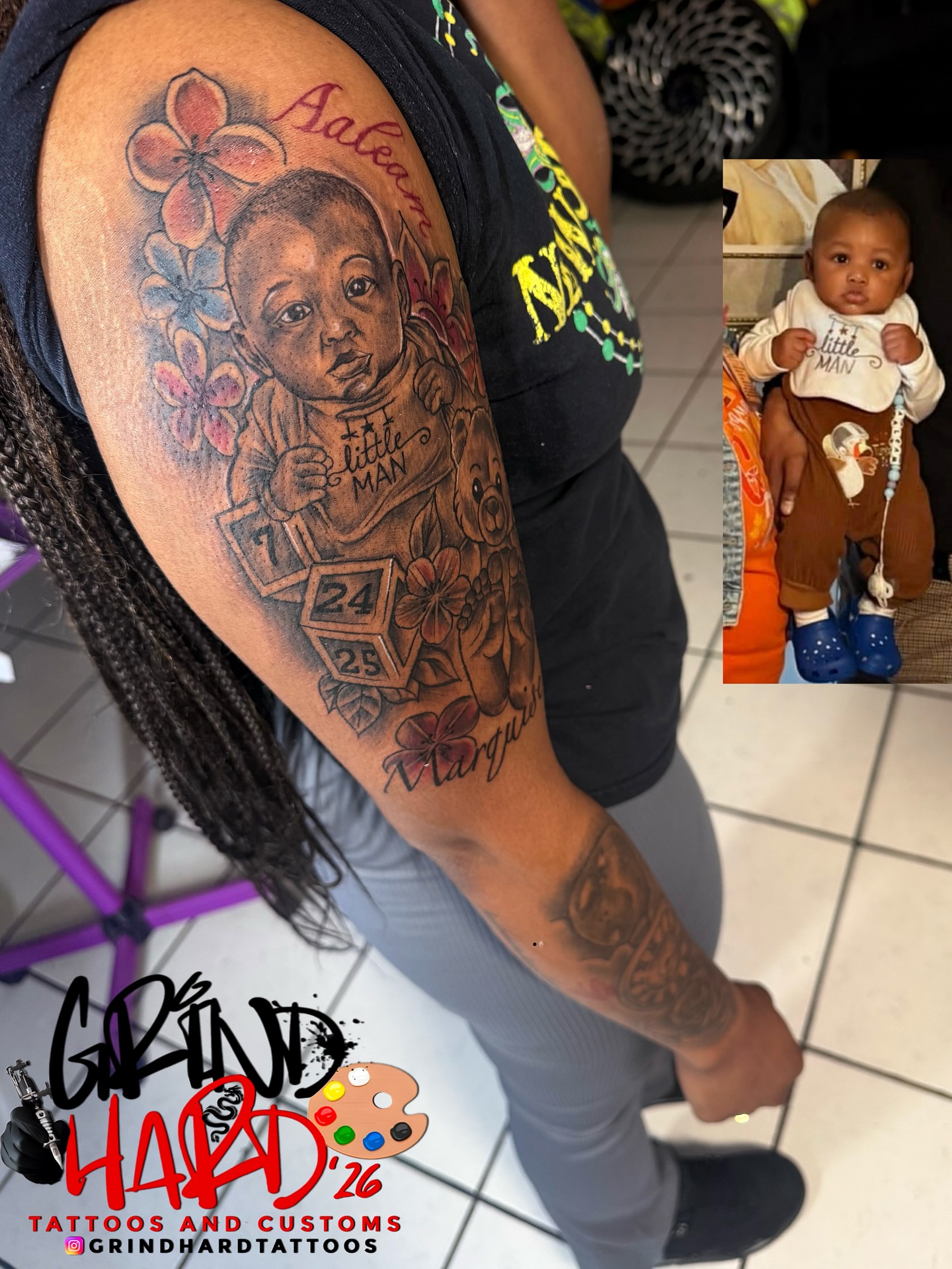 Baby portrait realism tattoo on the upper arm by GrindHard Quen