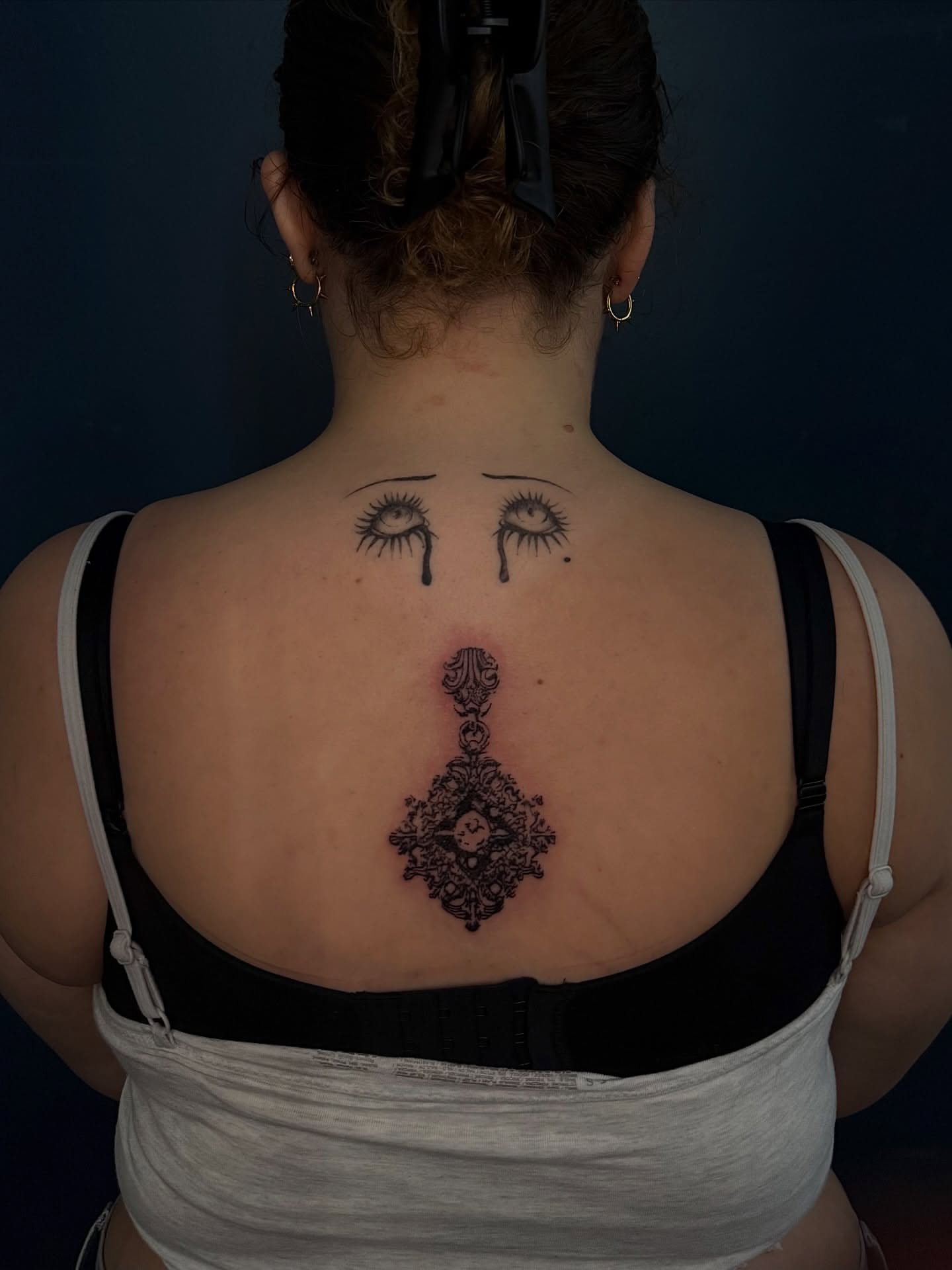 Teardrop eyes black and grey tattoo on the back by ༺♡༻ Melia’s Dolls ༺♡༻