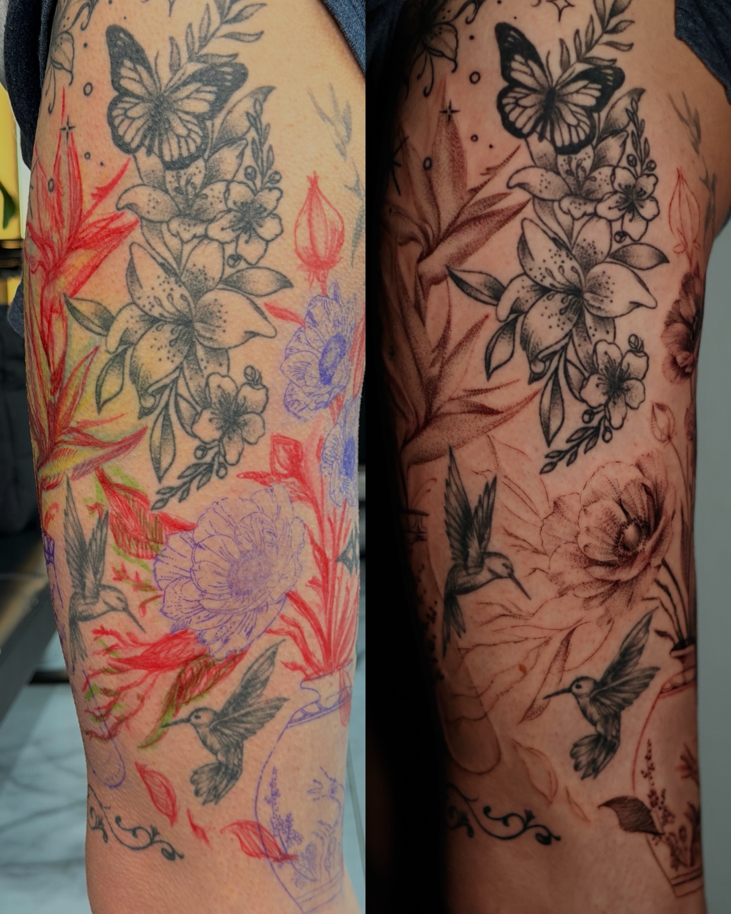 Floral and hummingbird realism tattoo on the forearm by Júlia Sorrino