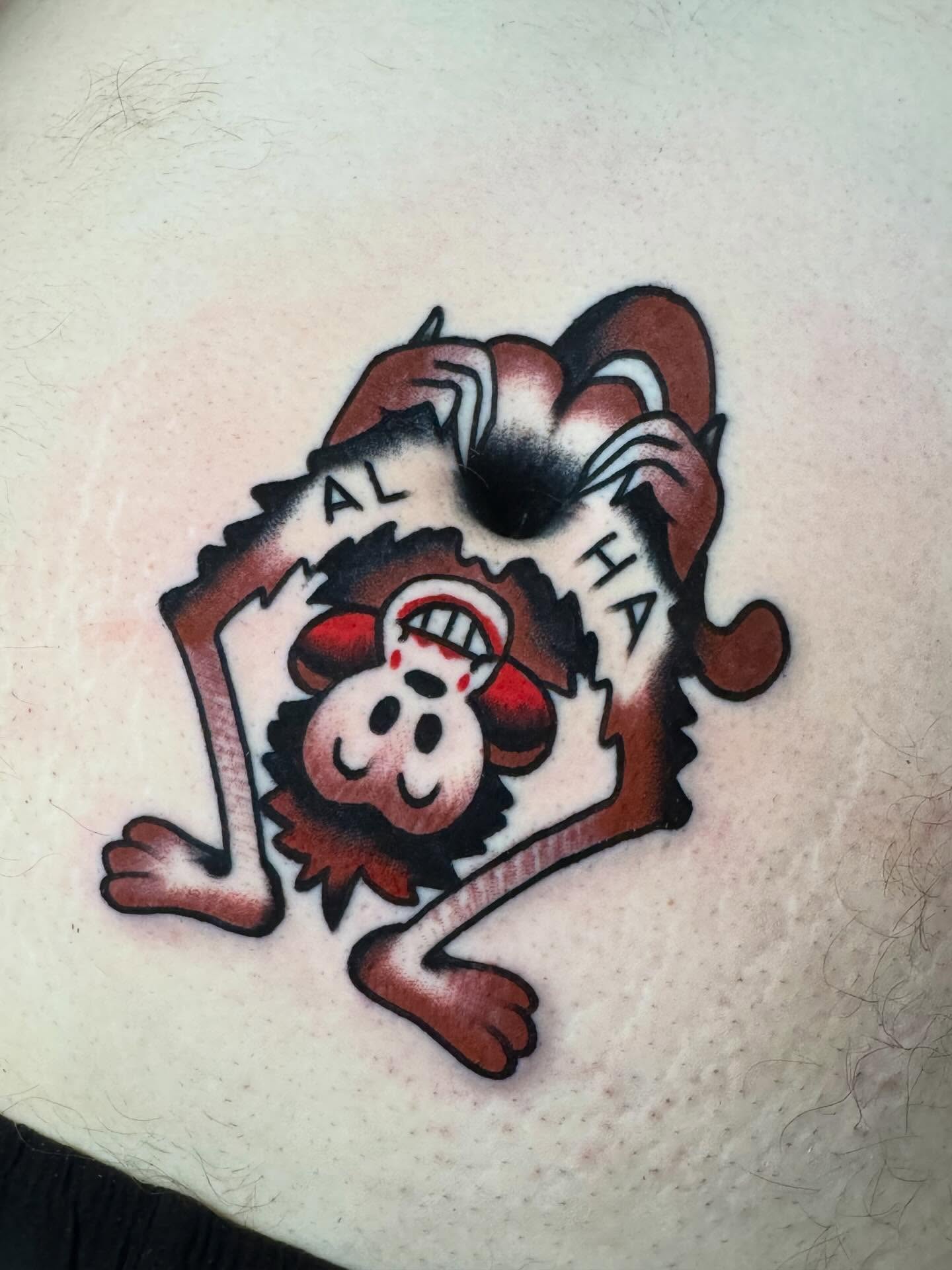 Joker monkey American traditional tattoo on the torso by 𝐬𝐚𝐬𝐡𝐚 𝐯𝐚𝐧𝐝𝐚𝐥, Nashville, Tennessee