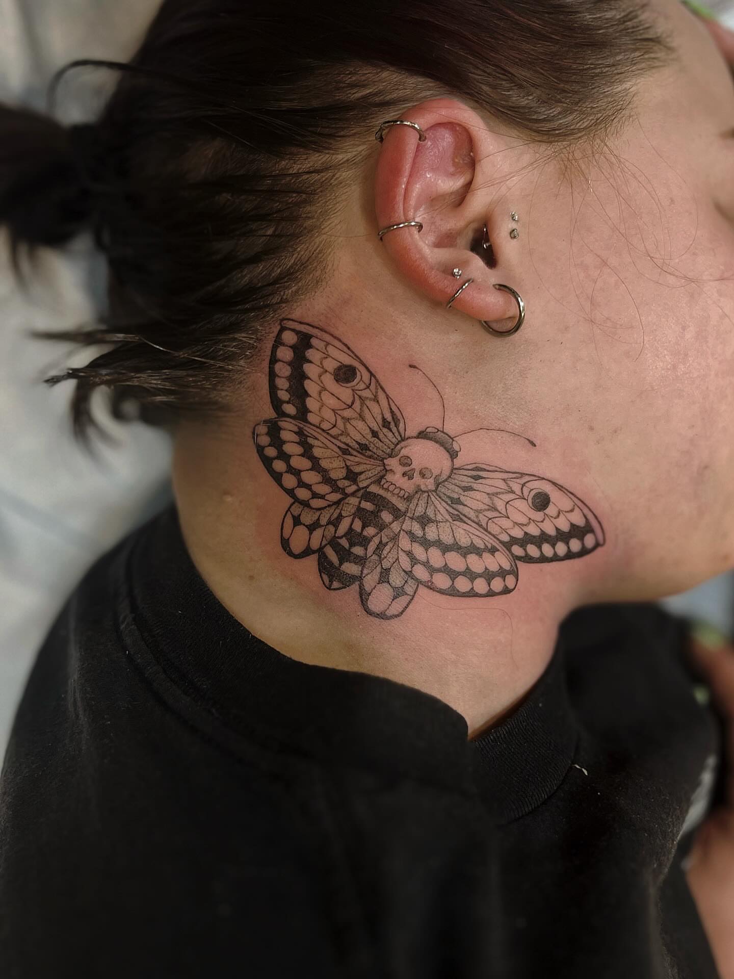 Butterfly black and grey tattoo on the neck by β
πΈππππ β