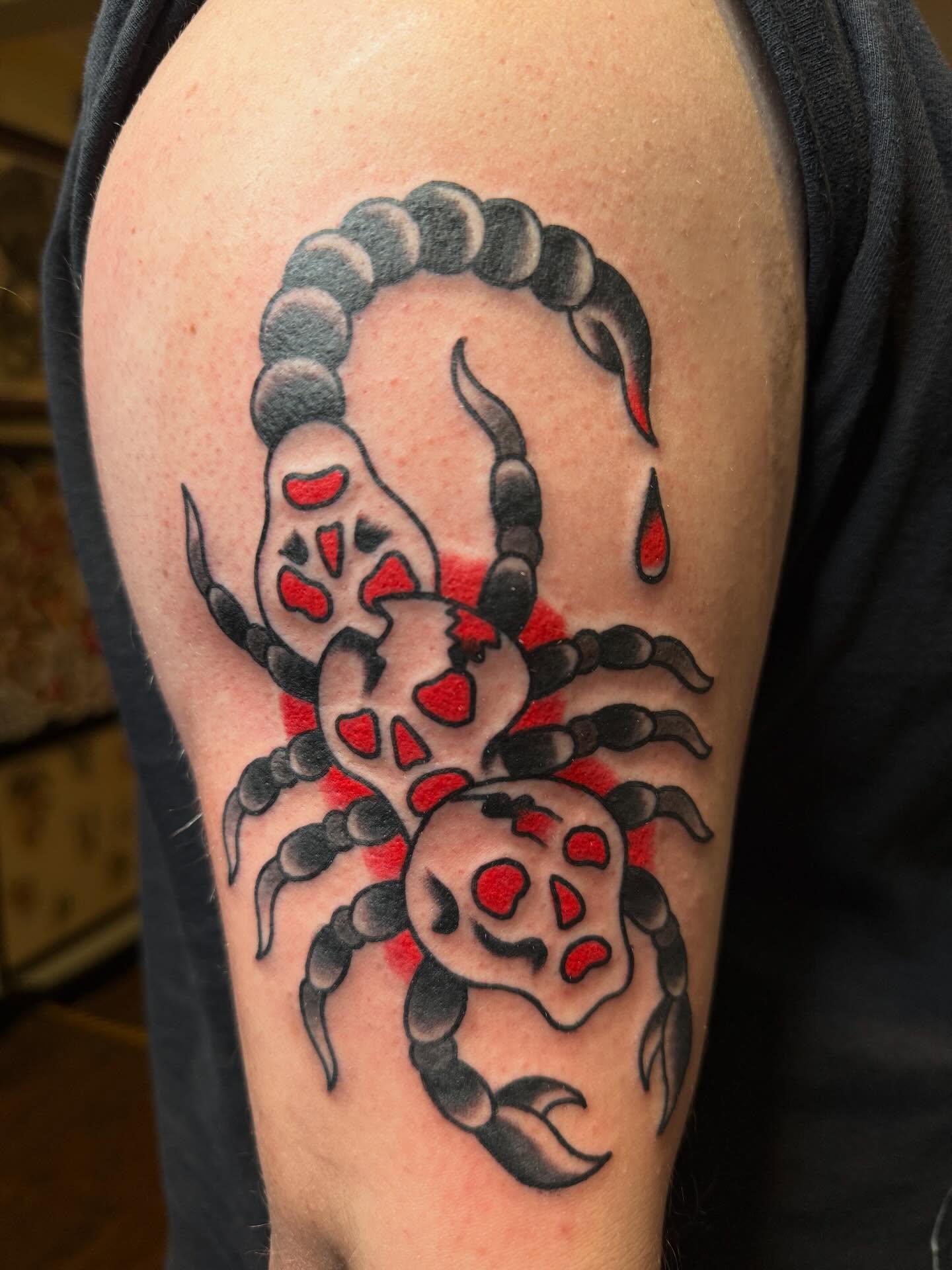 Scorpion American traditional tattoo on the shoulder by Brendan Willbern, Austin, Texas