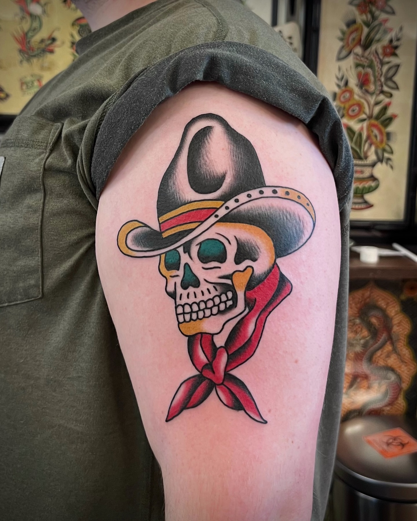 Cowboy skull American traditional tattoo on the shoulder by Brian Visser