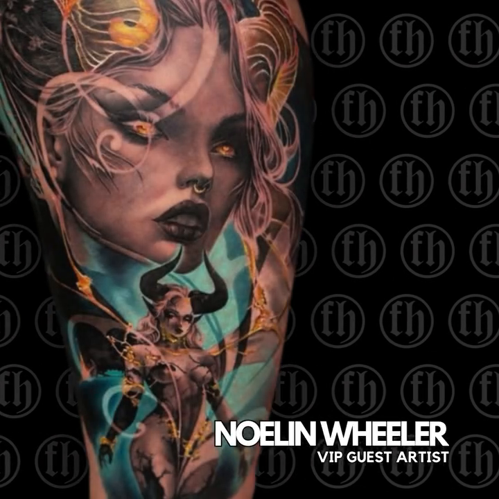 Demonic woman with horns realism tattoo by Noelin Wheeler