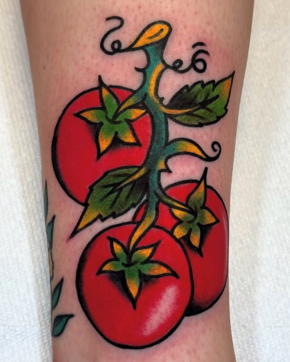 Tomatoes American traditional tattoo on the forearm by Joe Bear Tattooer