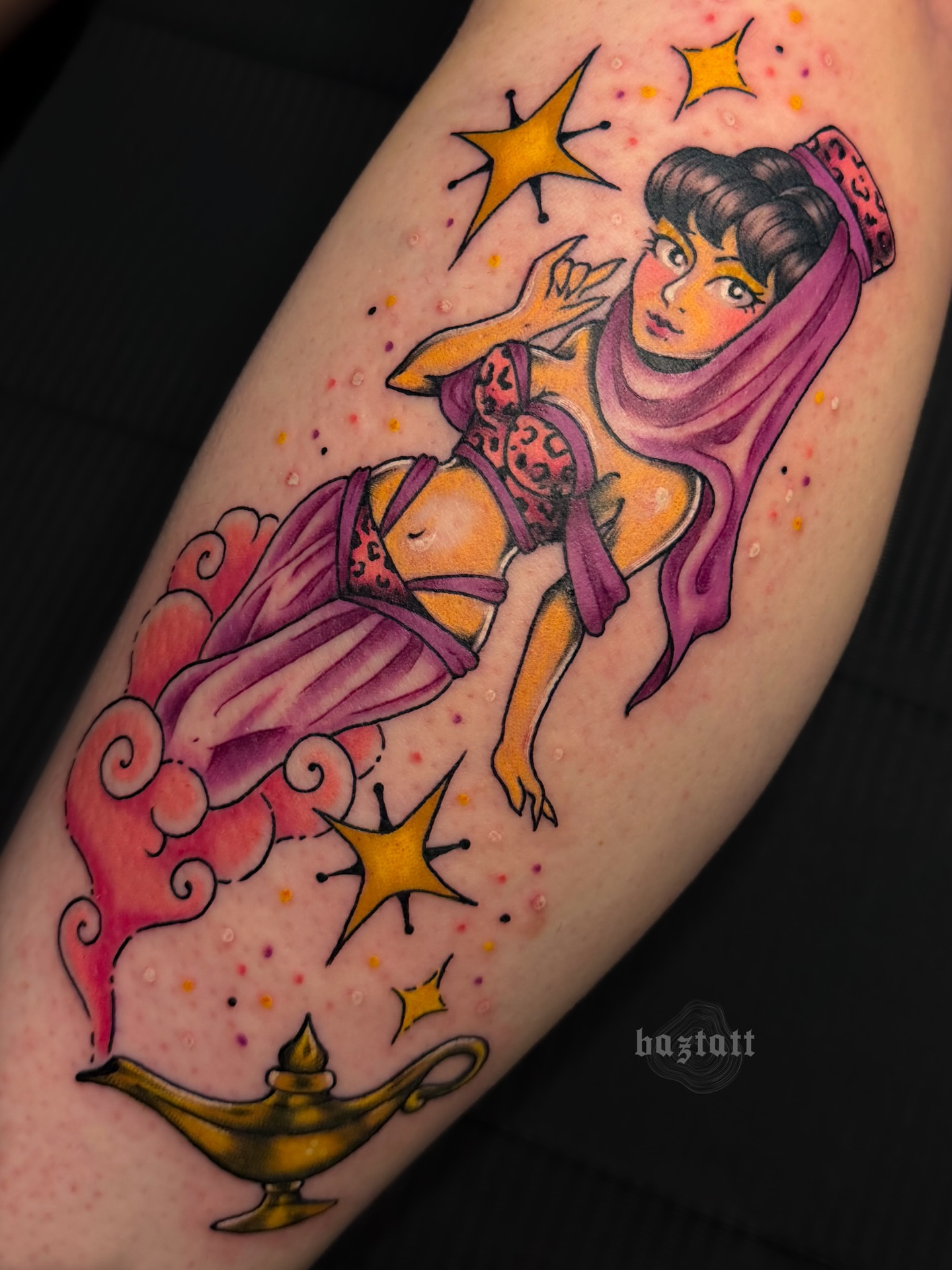 Genie and lamp American traditional tattoo on the forearm by bri allura ✿ tattoo artist  ✿ cleveland, oh