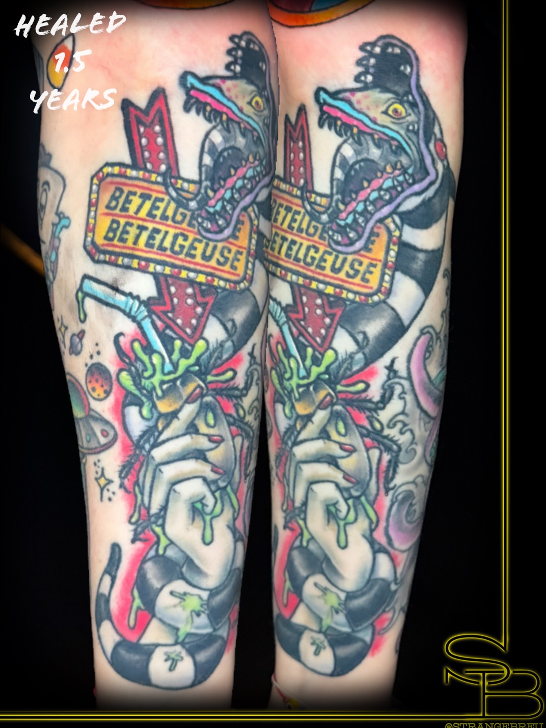Betelgeuse sign American traditional tattoo on the forearm by Chris Breuer, Asbury Park, New Jersey