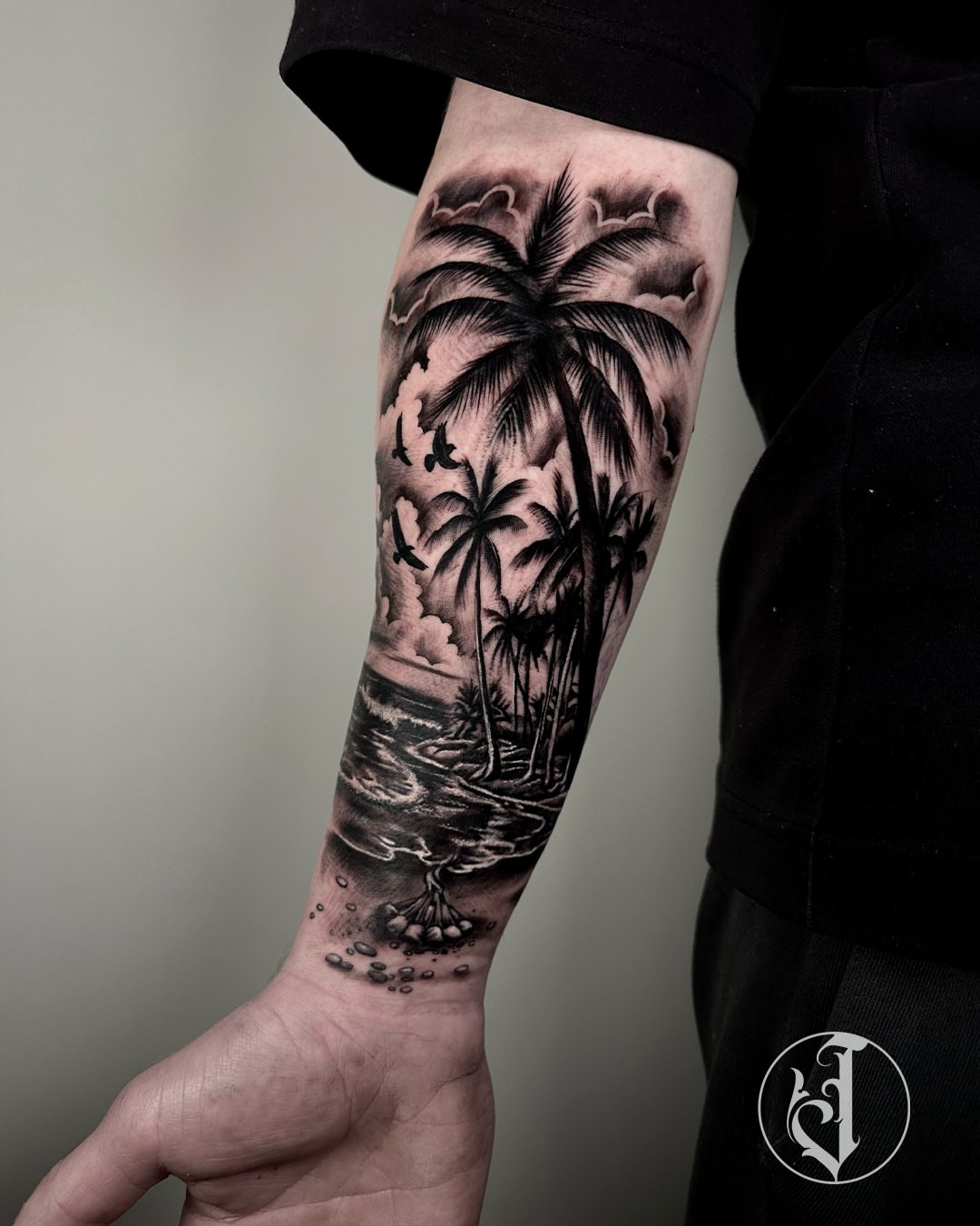Palm trees realism tattoo on the forearm by Tattoos By Josh