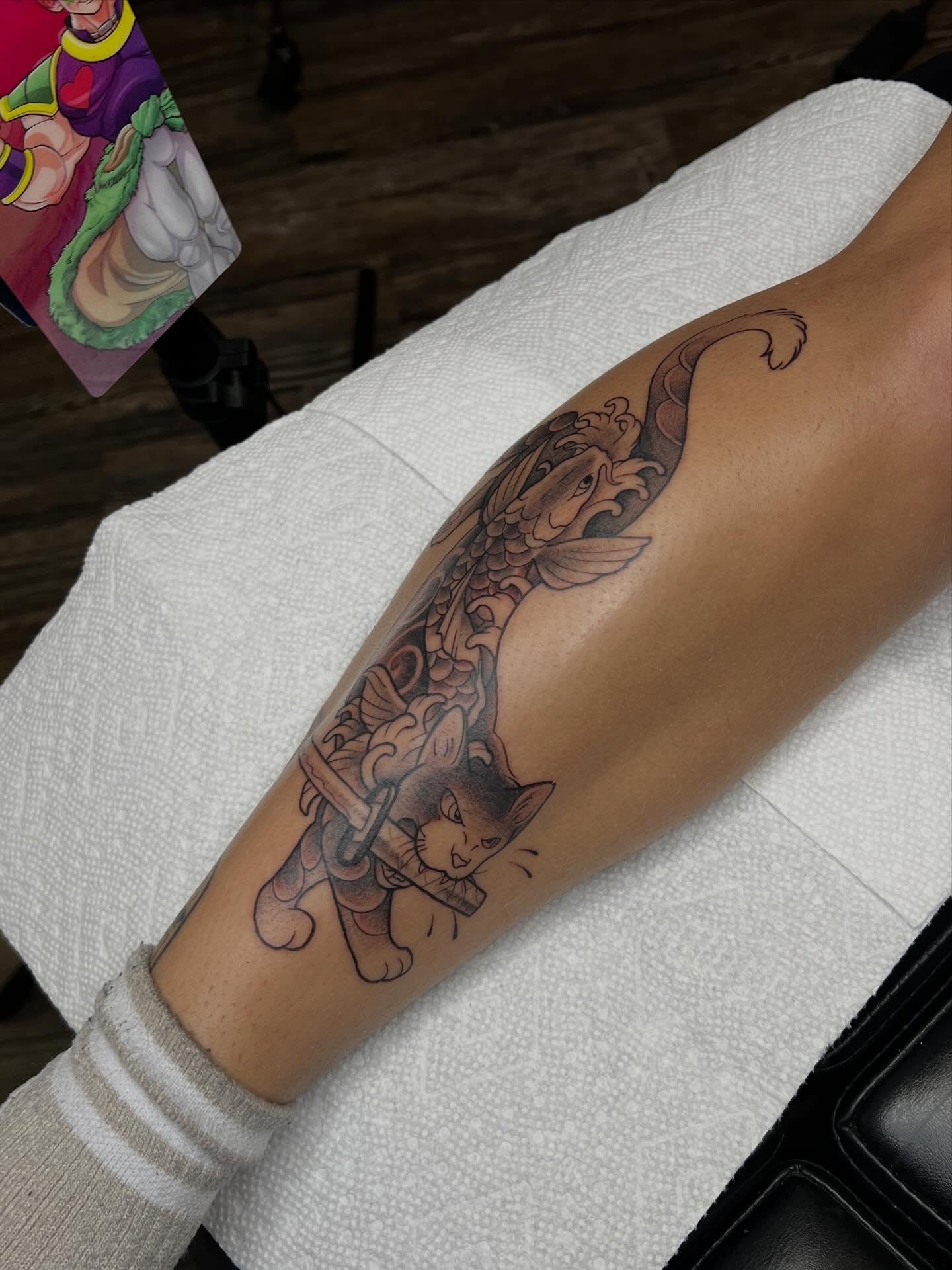 Cat with sword japanese irezumi tattoo on the forearm by Ebony Robinson, Austintown, Ohio