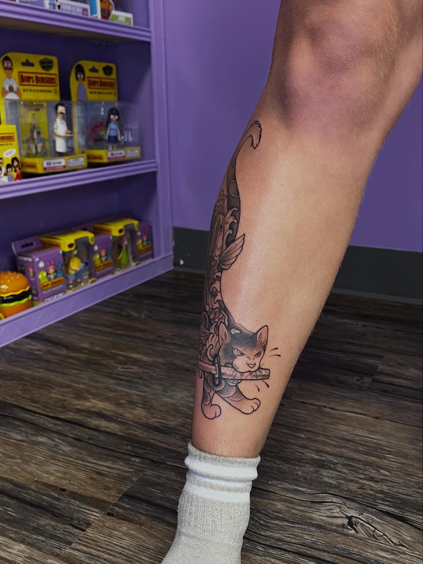 Cat American traditional tattoo on the forearm by Ebony Robinson, Austintown, Ohio