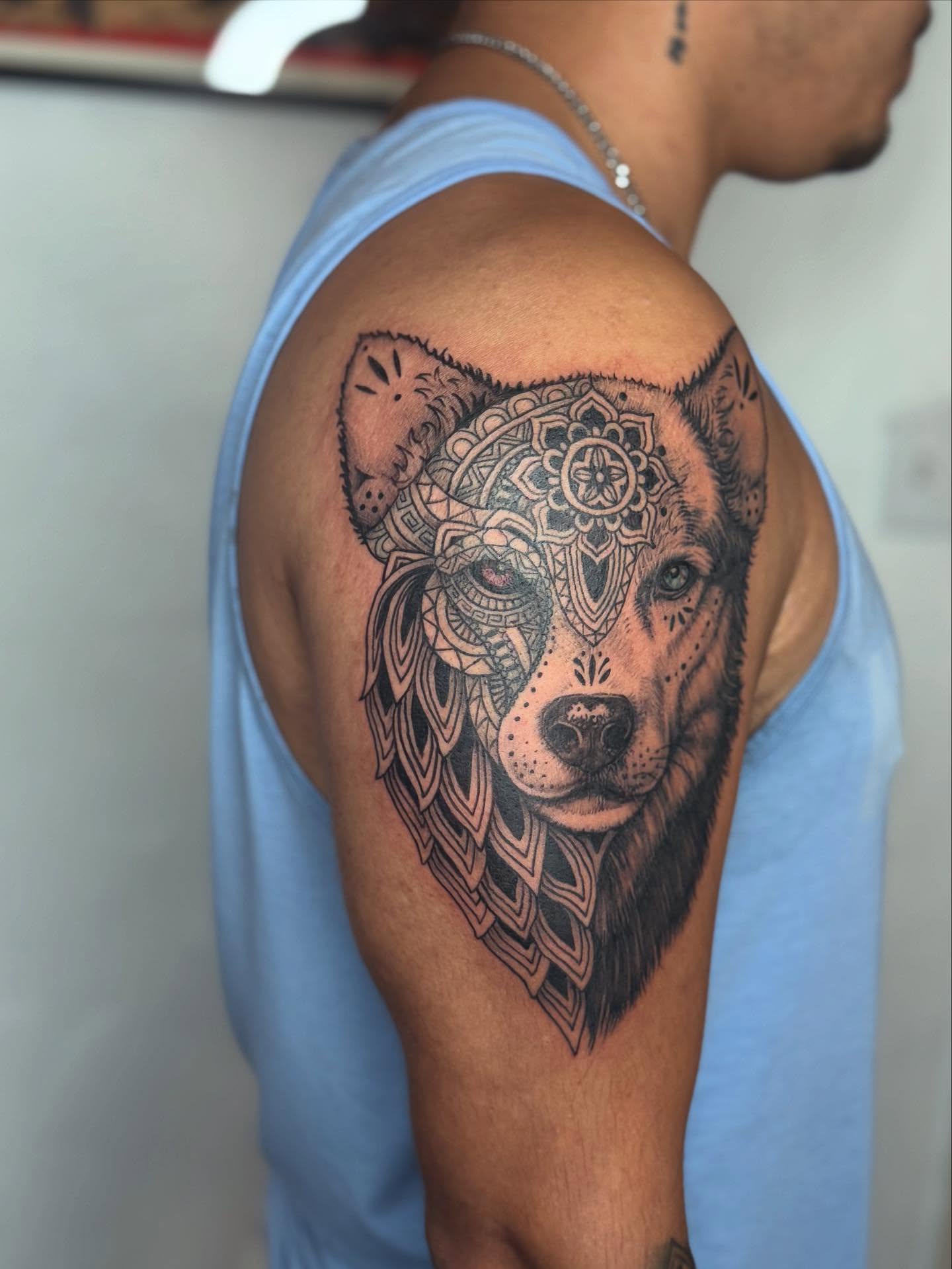 Bear head geometric tattoo on the shoulder by ⁘ heléna tupou-lisle ⁘