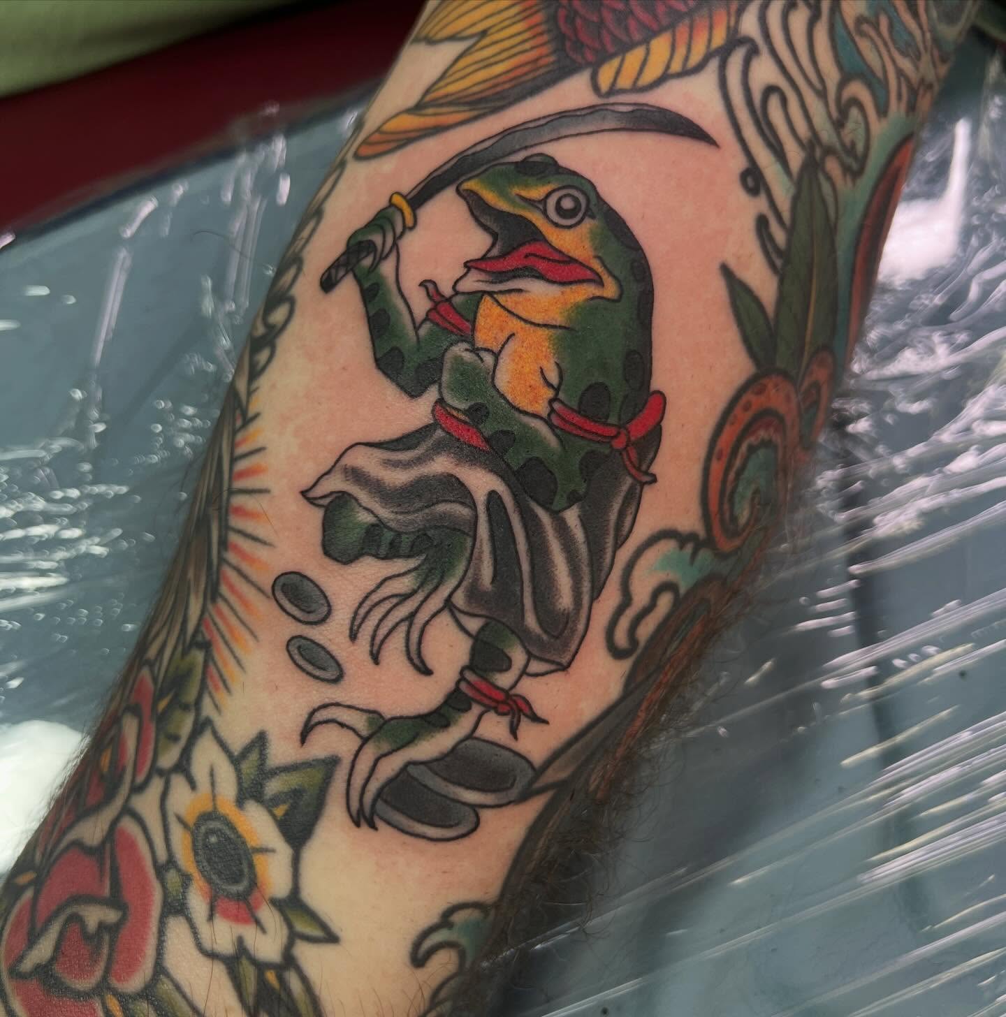 Frog warrior American traditional tattoo on the forearm by Steven Blackheart