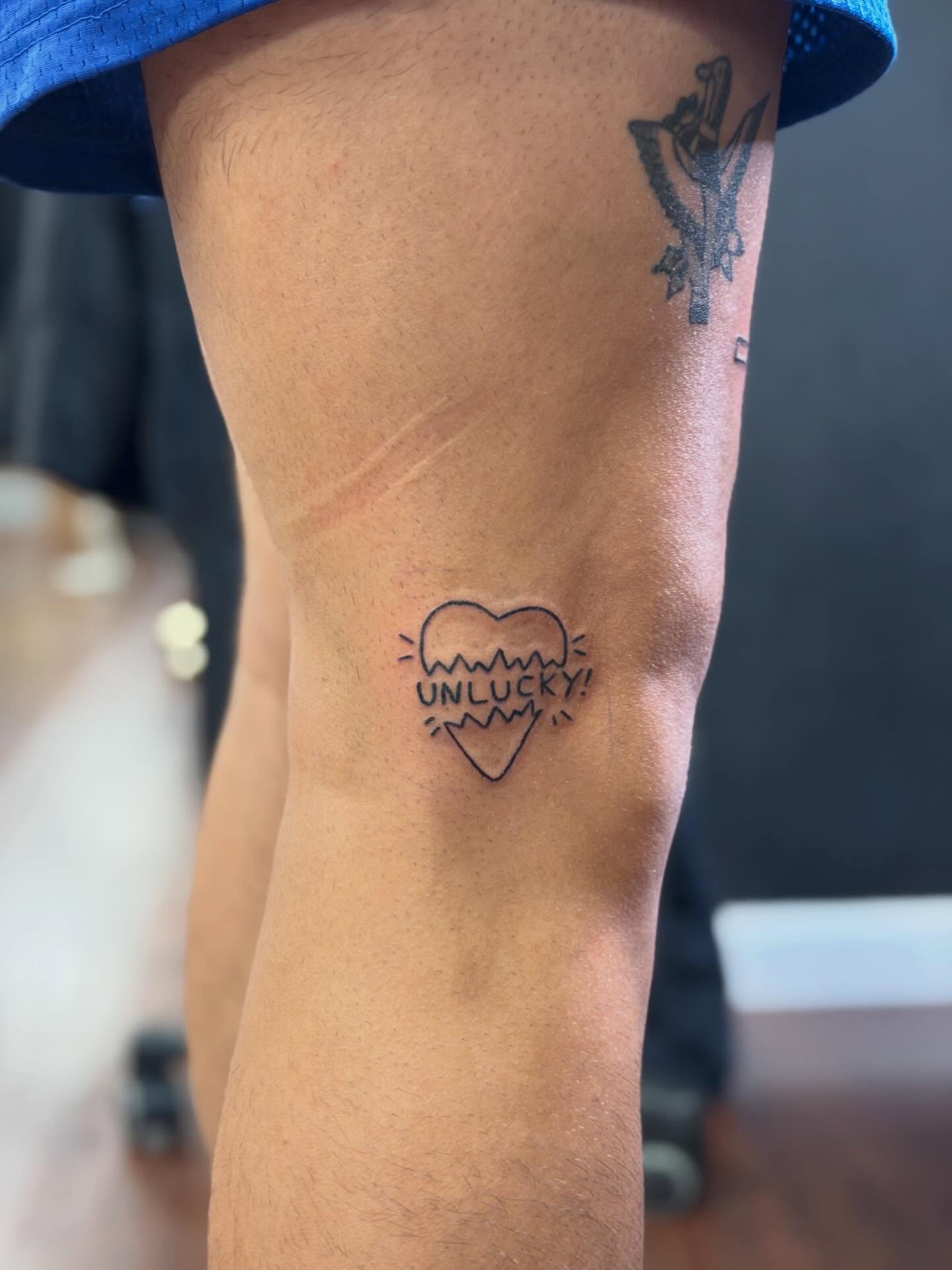Heart with text black and grey tattoo on the leg by ♱ C ♱, Dallas, Texas