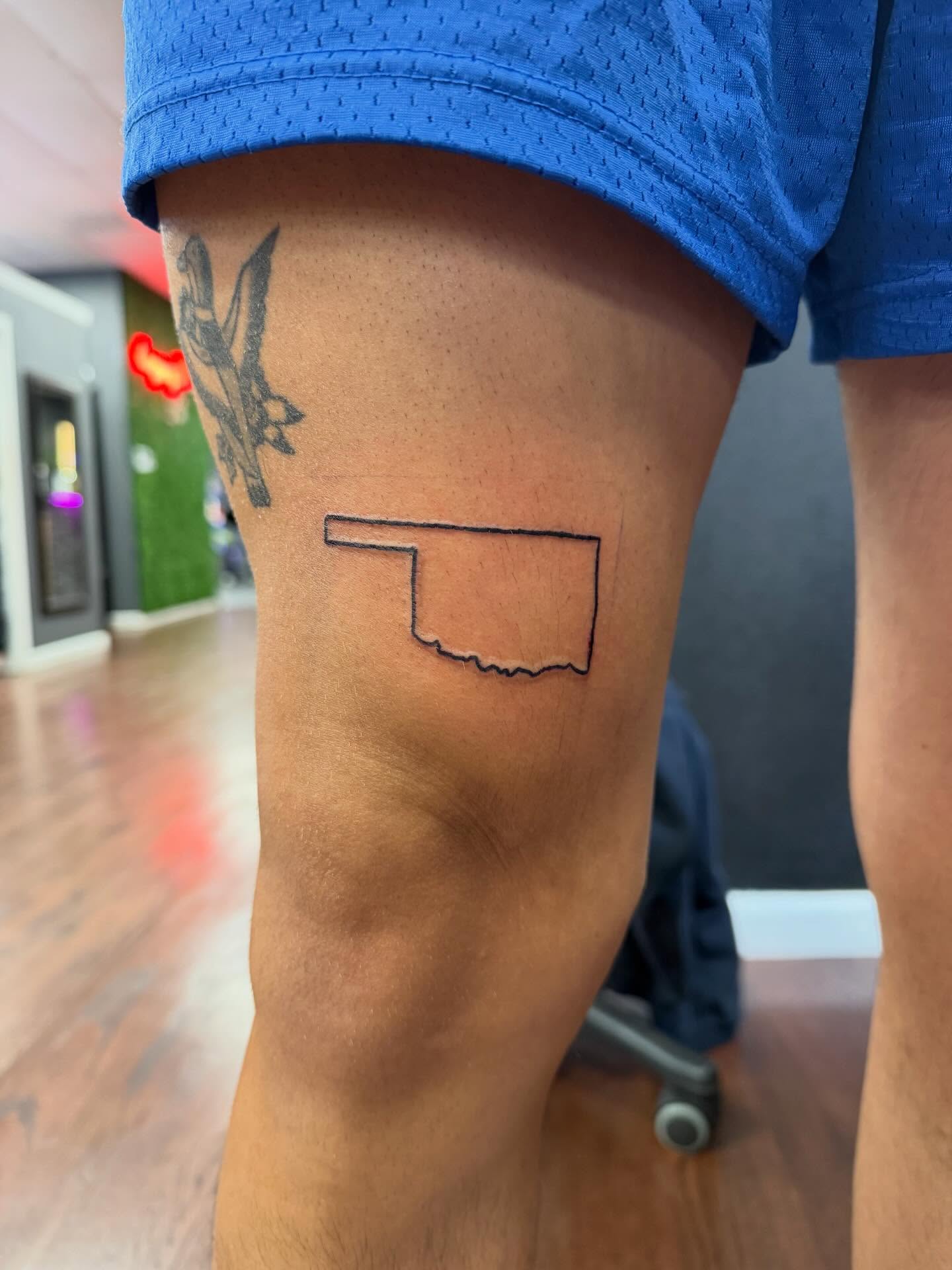 Oklahoma state outline geometric tattoo on the thigh by ♱ C ♱, Dallas, Texas