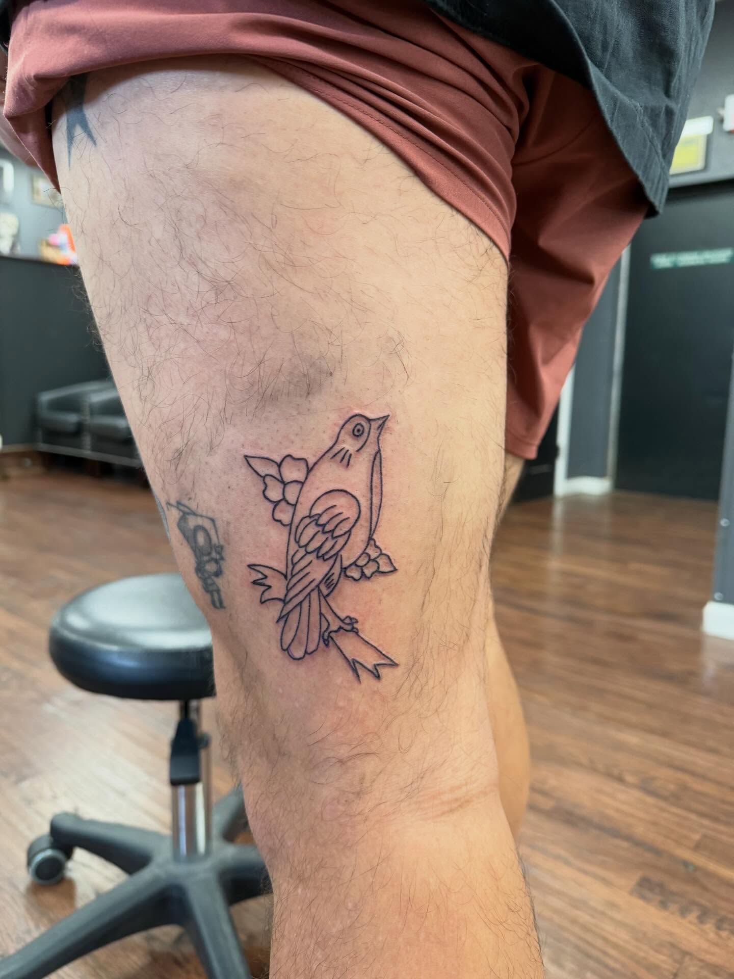 Bird black and grey tattoo on the thigh by ♱ C ♱, Dallas, Texas