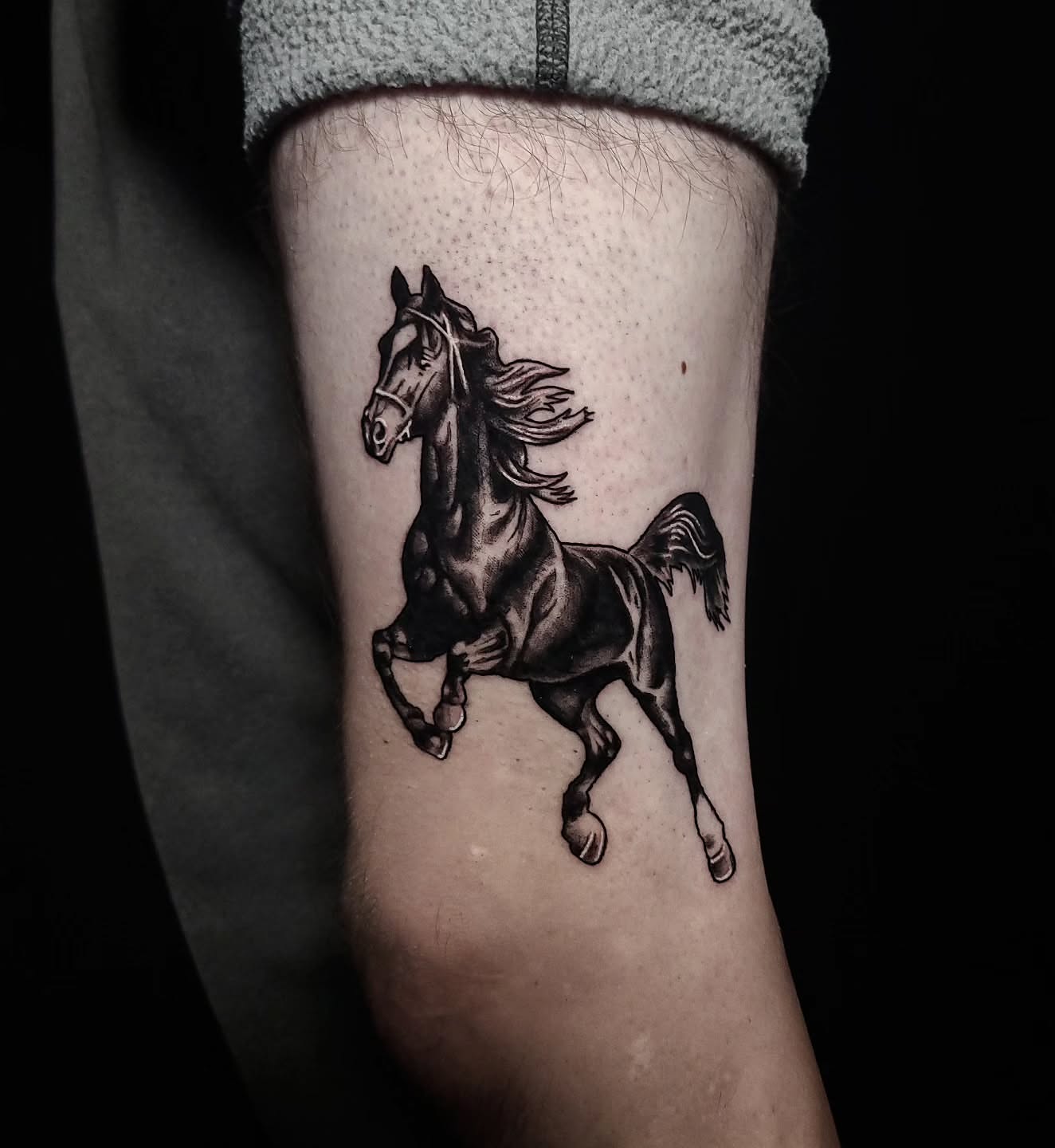 Galloping horse realism tattoo on the forearm by Alex Stairs