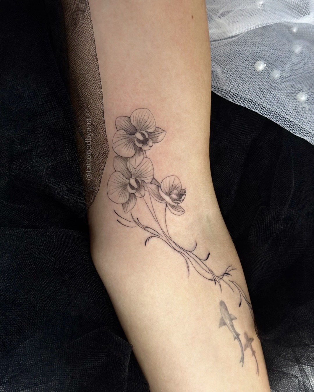 Orchid branch black and grey tattoo on the forearm by Tattoo artist Denver