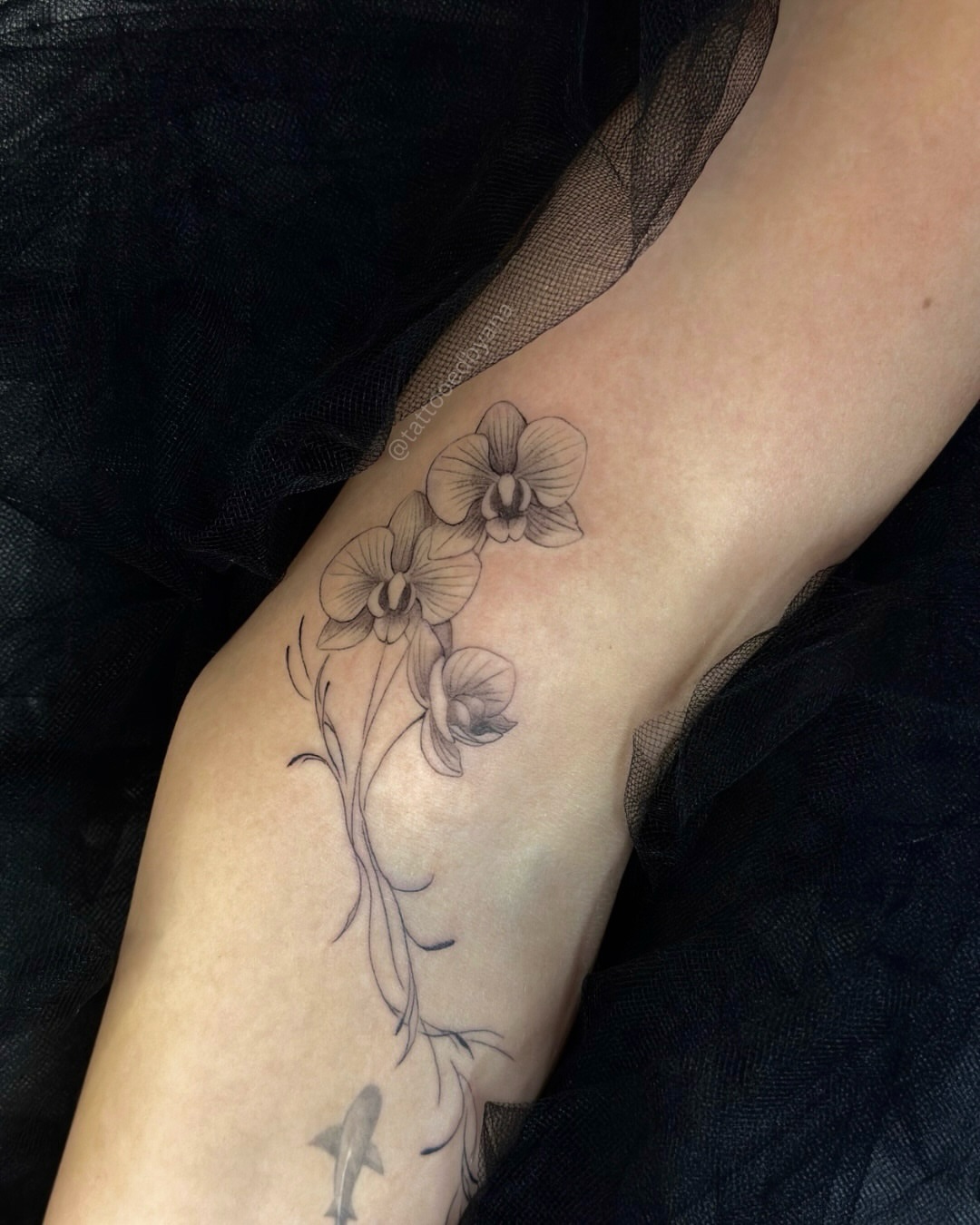 Orchid black and grey tattoo on the forearm by Tattoo artist Denver