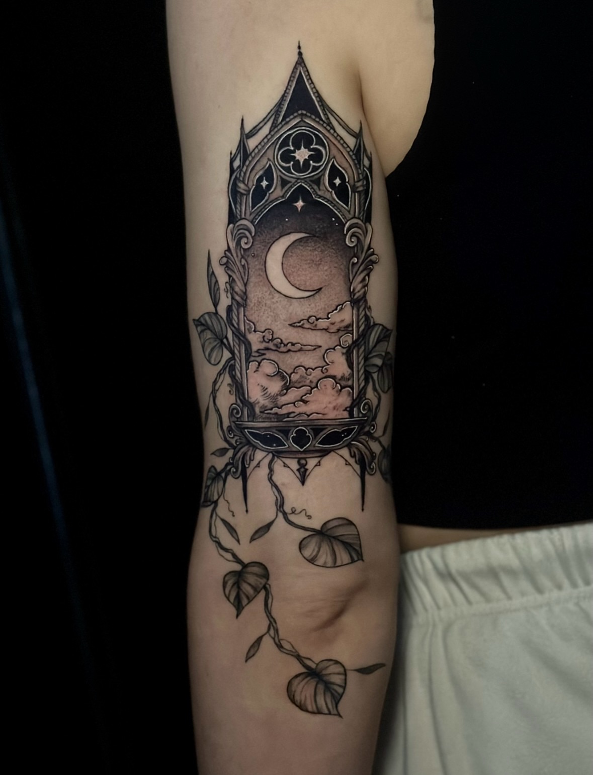 Gothic window geometric tattoo on the forearm by Sabrina, Harrison, New Jersey