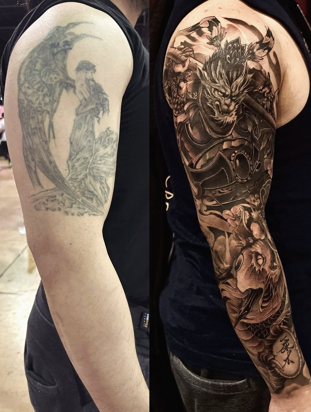 Demon and koi fish sleeve Japanese tattoo on the upper arm by Shihao zhao