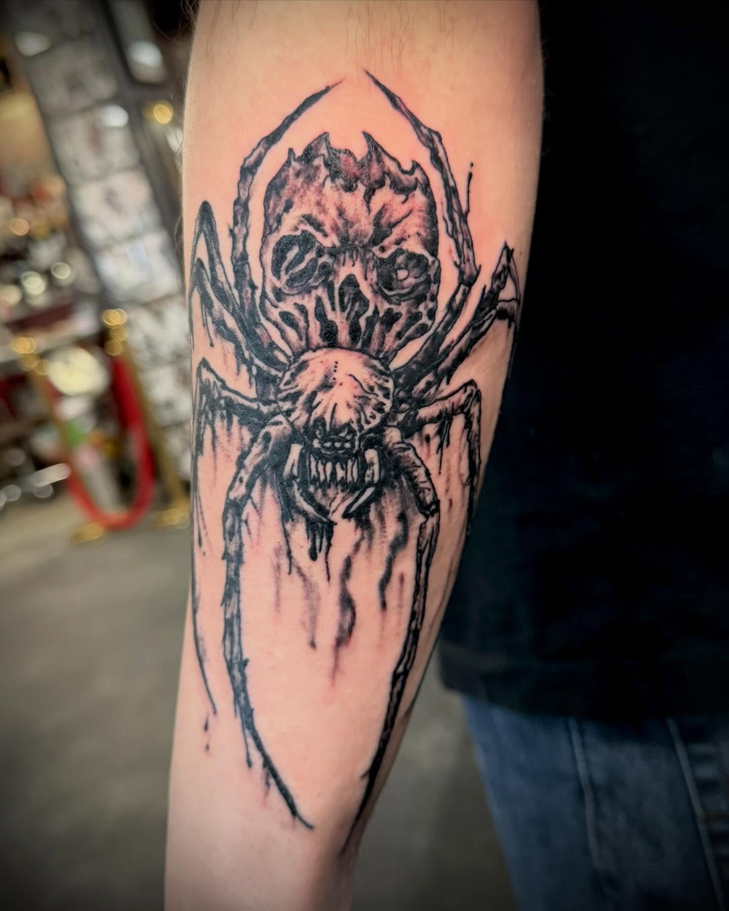Spider dark realism tattoo on the forearm by 𝐖𝐄𝐒