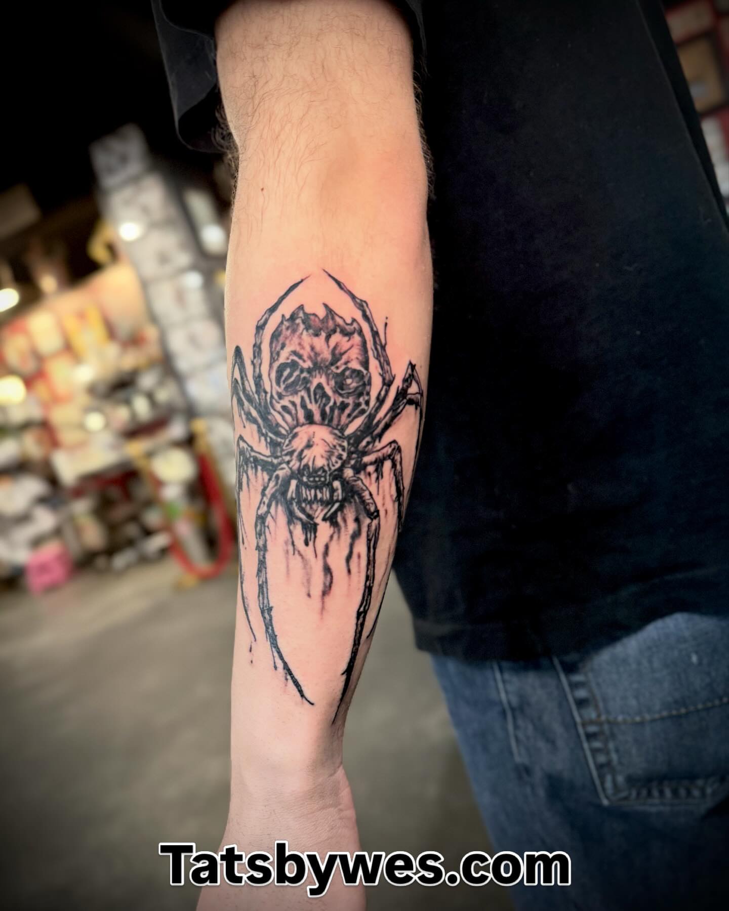 Spider dark realism tattoo on the forearm by 𝐖𝐄𝐒