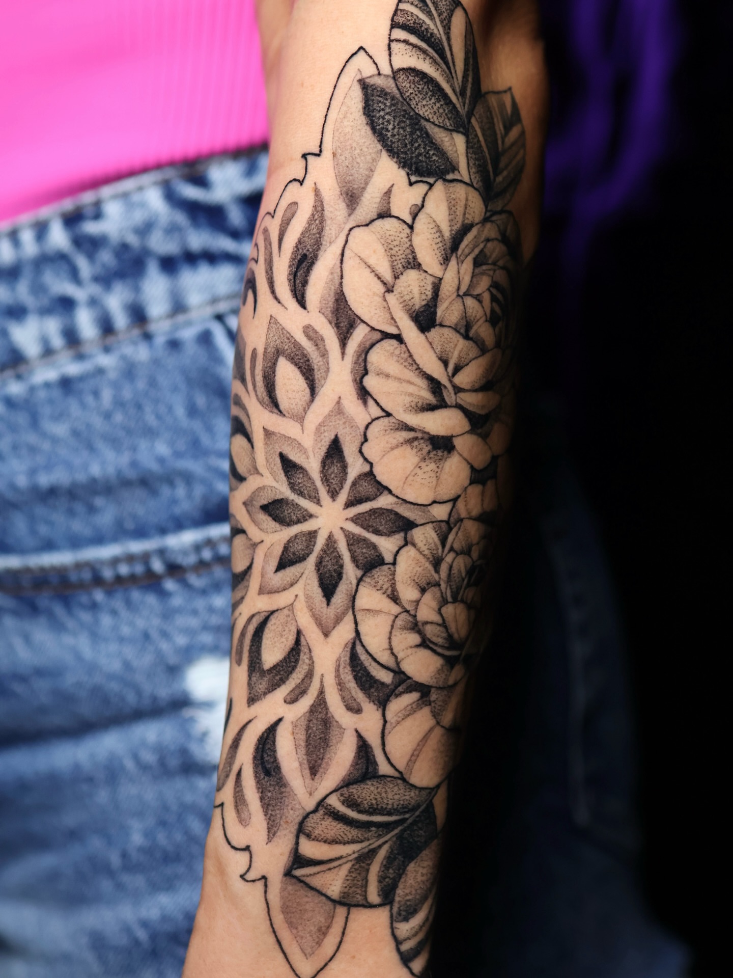 Floral mandala dotwork tattoo on the forearm by Lauren klose, Fort Myers, Florida