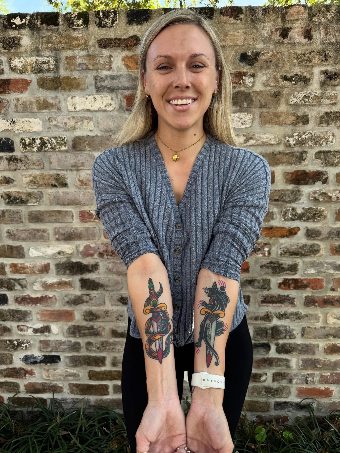 Abstract design American traditional tattoo on the forearm by Jeremy Justice, New Orleans, Louisiana