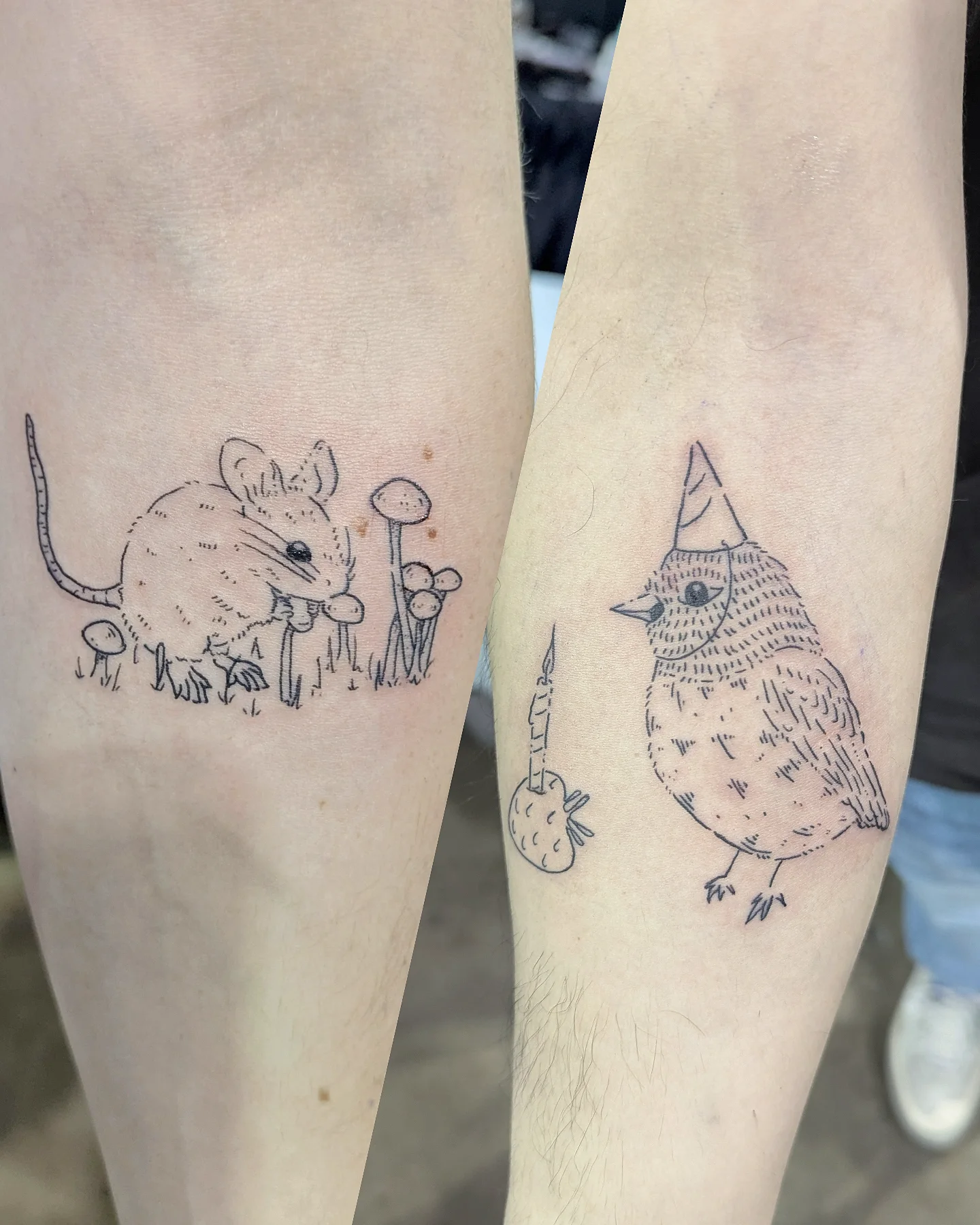 Mouse and bird black and grey tattoo on the forearm by Patricio